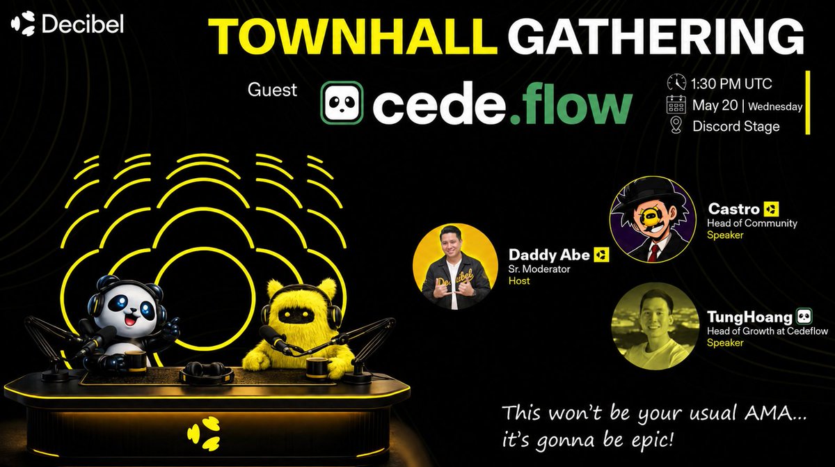 0xCastrod's tweet photo. Townhall incoming.

@DecibelTrade × @cedeflow

Joining us for a conversation on community, product, and the bigger picture behind what they’re building. 

When?: Wednesday, May 20 - 1:30 PM UTC 
Where?: Decibel Discord Stage  

see you there! https://t.co/YEnunpD0Ex