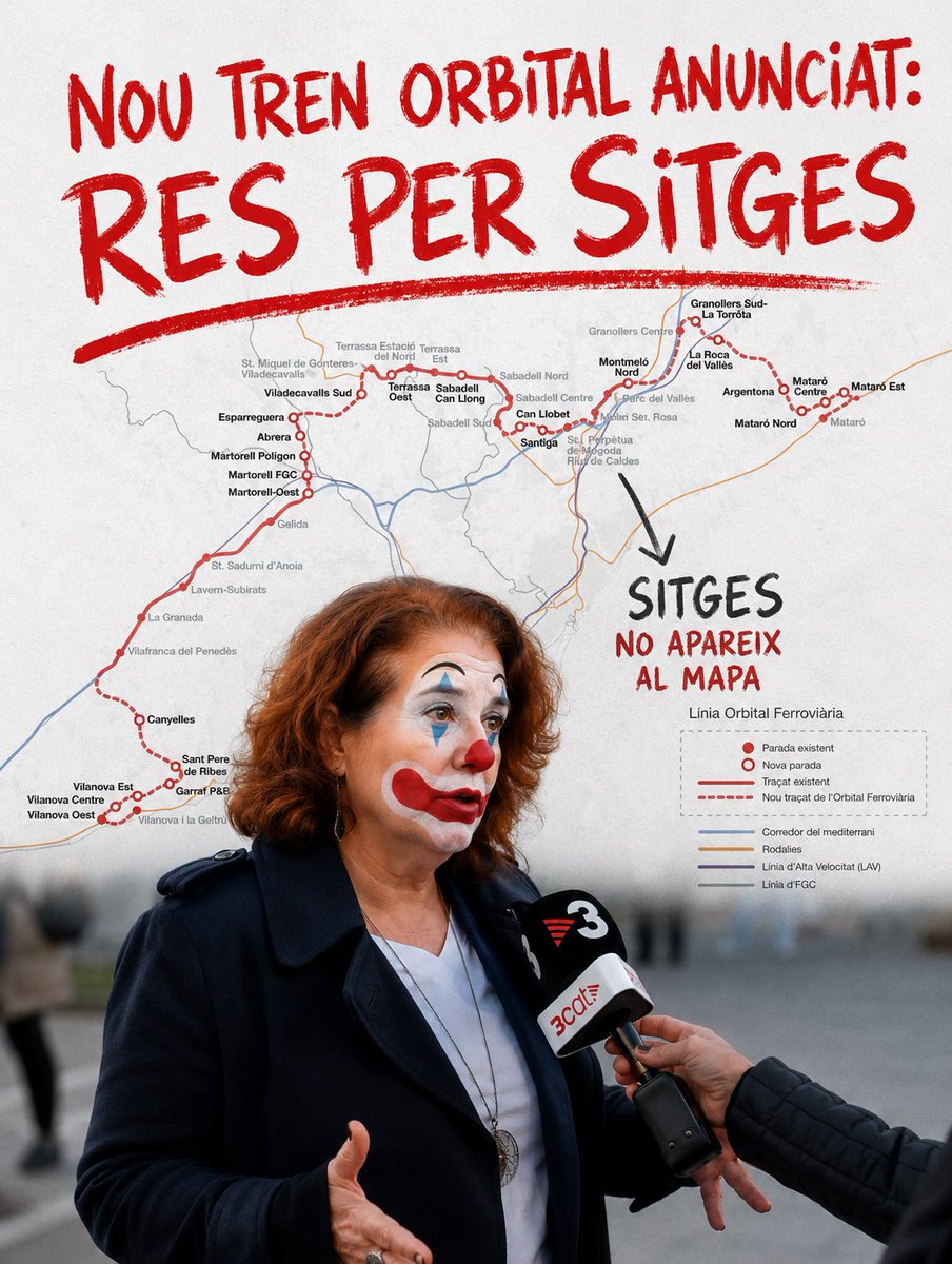 jncSitges's tweet photo. 🚨 Avui l’alcaldessa d’ERC ha estat a l’acte de la línia Orbital fent-se fotos amb Illa i Junqueras.

El tren para a Vilanova, Sant Pere de Ribes, Canyelles, Vilafranca, Martorell, Terrassa, Sabadell…

Sitges ❌

Per sortir a la foto no cal que el tren passi per aquí 🤡 https://t.co/em3Ab16eP1