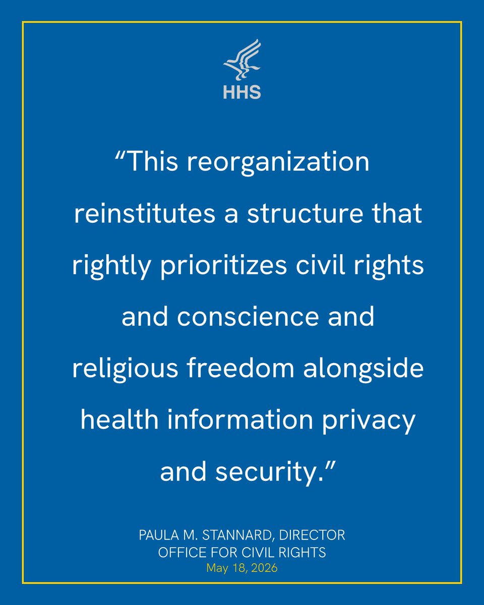 HHSOCR's tweet photo. "This reorganization reinstitutes a structure that rightly prioritizes civil rights and conscience and religious freedom alongside health information privacy and security.”
#ConscienceRights #CivilRights #ReligiousFreedom https://t.co/B1GMTHLnQp