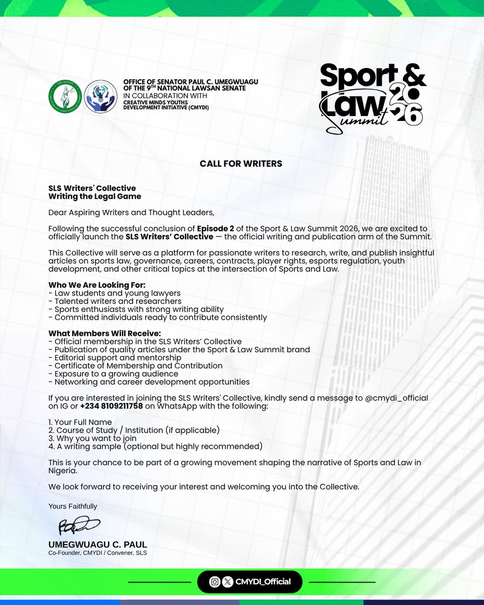 CMYDI_Official's tweet photo. ⚽⚖️ OFFICIAL LAUNCH: SLS Writers’ Collective
Writing the Legal Game

We are proud to announce the SLS Writers’ Collective, the official writing &amp; publication arm of SLS.

See details below

DM @CMYDI_Official or +234 8109211758

Let’s shape the narrative of Sports &amp; Law together https://t.co/7Xg03V5tZ5