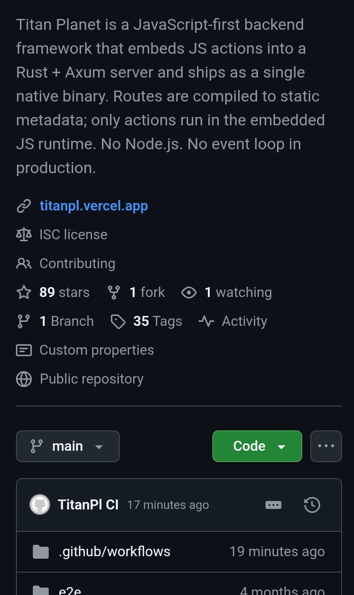 TitanPl's tweet photo. Just reached 89 stars on GitHub, start contributing in TitanPl https://t.co/FOVXe8tQqz https://t.co/GzZMJSsYn7