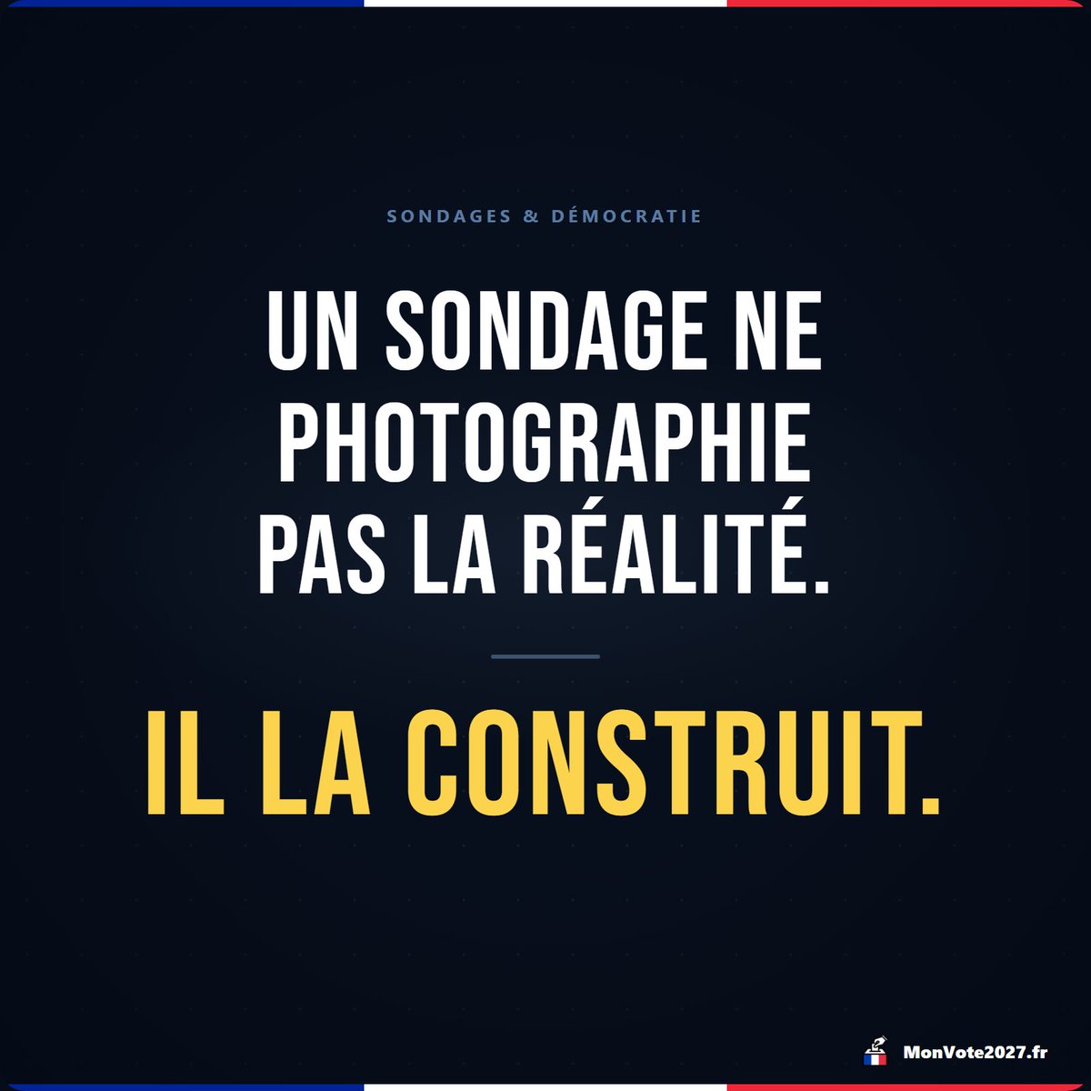 MonVote2027's tweet photo. Connaissez-vous l'effet bandwagon ? 
C'est le mécanisme par lequel les sondages ne mesurent plus l'opinion, ils la fabriquent.  
Voilà comment ça marche. 👇 

Un candidat bas dans les sondages est progressivement marginalisé, invisibilisé. Le débat public l'oublie. Pendant ce temps, les 2 ou 3 premiers monopolisent toute l'attention médiatique. Les autres sont hors-jeu avant même le vote.  

Conséquence directe : des millions d'électeurs pourraient passer à côté du candidat qui correspond vraiment à leurs idées, happés par les têtes de gondole des sondages, ceux qu'on présente comme seuls capables de gagner.  

Les méthodologies des instituts de sondages sont opaques. Les questions, parfois orientées. Les redressements, contestables. Et chaque camp commande les siens.   

Ce n'est pas de la mesure. C'est de la communication politique habillée en chiffres.  

En 1972, Maurice Druon appelait ça "une pollution de la démocratie". Aujourd'hui, la loi interdit la publication de sondages 48h avant le vote. Après des mois de matraquage, on peut légitimement se demander l'intérêt.   

Pourquoi 48h ? Pourquoi pas un mois ? Pourquoi pas tout le temps ?  

Alors posez-vous honnêtement la question : 
Sans sondages, sans rapports de force : juste les idées et les programmes. Pour qui voteriez-vous vraiment ?  

C'est exactement pour cela qu'on a créé MonVote2027 : redonner une place centrale aux idées, aux programmes.