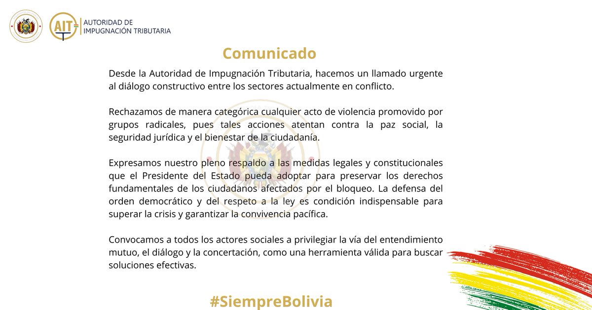AitBolivia's tweet photo. Desde la Autoridad de Impugnación Tributaria reafirmamos nuestro compromiso con la paz social, el respeto a la ley y la convivencia democrática. Invitamos a todos los sectores a priorizar el diálogo y la concertación como caminos para construir soluciones en beneficio del país🇧🇴 https://t.co/OyNYJA1P4o