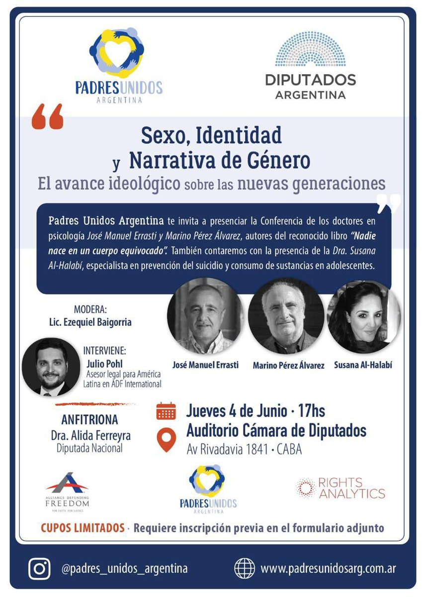 AlidaFerreyraU's tweet photo. Reflexiones y datos sobre la ideología de género, cuyas consecuencias han destrozado familias y personas en nombre de la agenda wokista. Profesionales de renombre expondrán sobre la temática y sus  soluciones. Por la vuelta a los genuinos valores de Occidente, los espero:
Formulario de inscripción. Cupos limitados. 
https://t.co/KmqOO6a1Nl