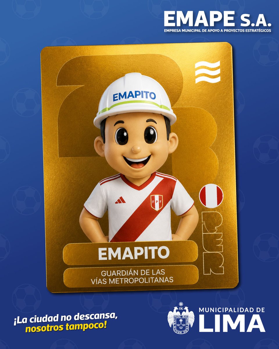 EmapeMML's tweet photo. ¡𝐄𝐌𝐀𝐏𝐈𝐓𝐎 𝐘𝐀 𝐄𝐒𝐓𝐀́ 𝐄𝐍 𝐋𝐀 𝐂𝐀𝐍𝐂𝐇𝐀! ⚽️
#EmergenciaVial | Intervenimos las vías metropolitanas para mejorar el tránsito en todo Lima.🇵🇪🛣️
¿Quién más se declara hincha oficial de Emapito? ¡Te leemos! 😎🏆
#Emape #MML #Mundial2026 https://t.co/7Ows4L6SHQ