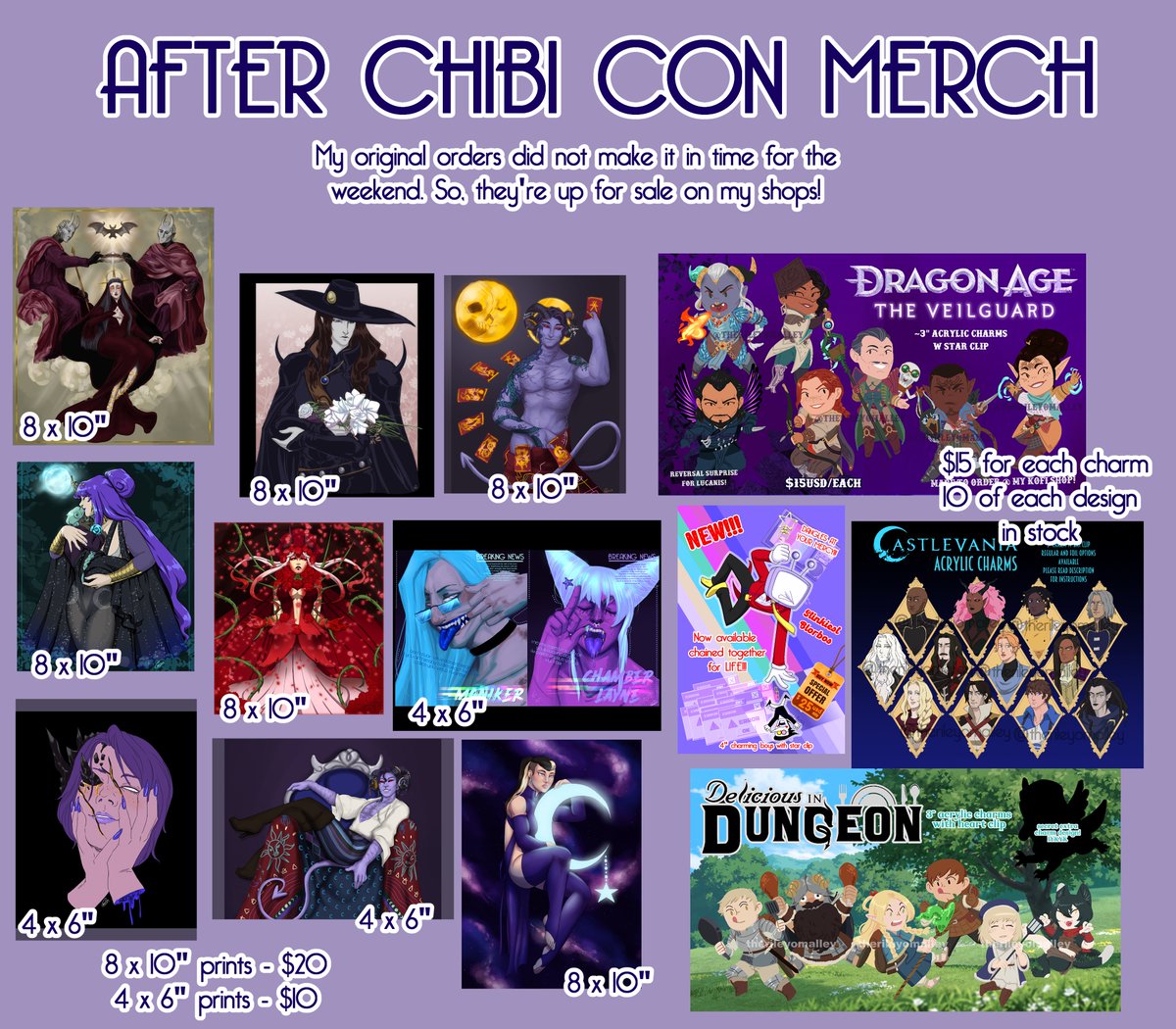 TheRileyOMalley's tweet photo. I've got some goodies in stock I wasn't able to sell at the con this last weekend, so now they're available for ya'll to buy! (get in on them while they're available!) 

#artprints #acryliccharms  #veilguard #dungeonmeshi #castlevania #originalart 

🔗 https://t.co/t0NzTeTw42 https://t.co/7U6xYOBAkQ