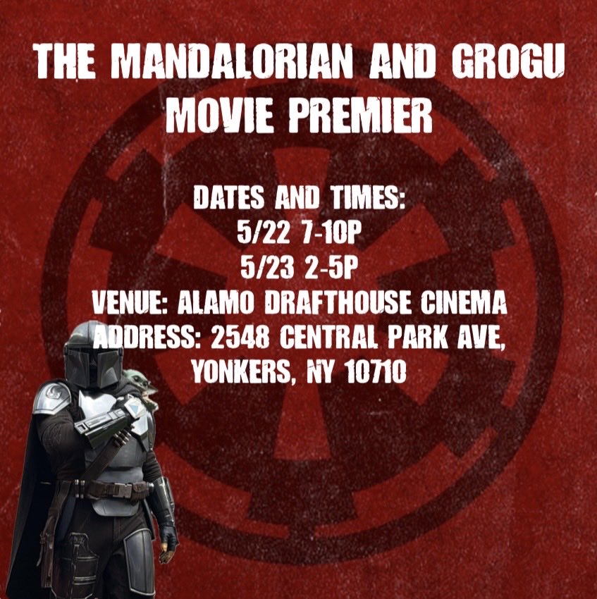 501ECG's tweet photo. Here’s where we’ll be this week
.
The Mandalorian and Grogu Movie Premier
Dates and Times: 5/22 7-10p, 5/23 2-5p
Venue: Alamo DraftHouse Cinemas in  Brooklyn, Lower Manhattan, Staten Island, and Yonkers

#501stlegion #501stecg #empirecitygarrison #starwars  #mandalorianandgrogu https://t.co/MGDRzLGcW3