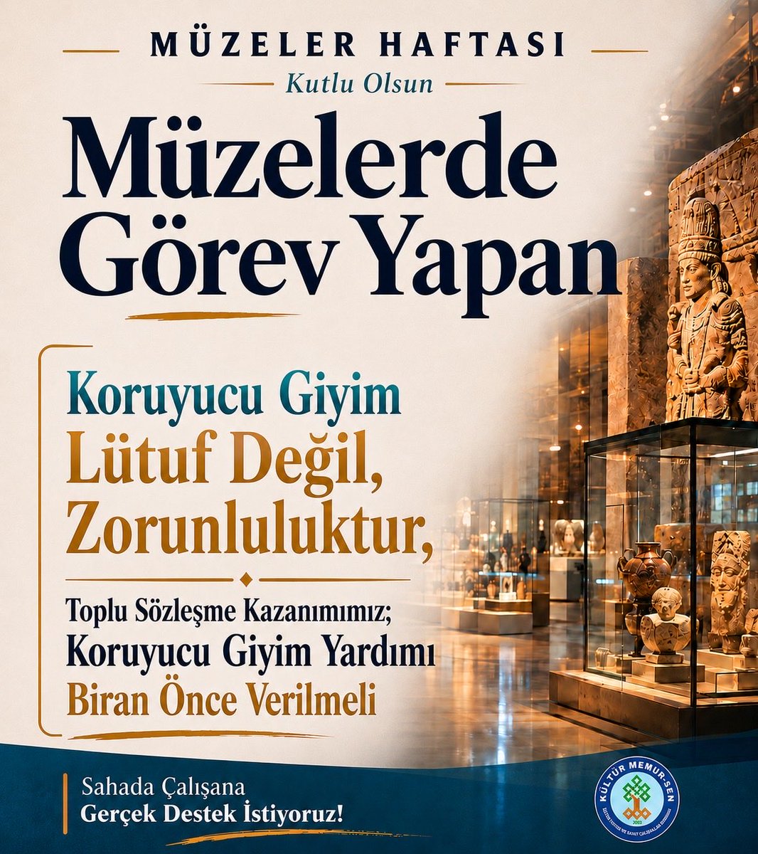 YasinKilic_58's tweet photo. Kültürel Mirasımıza Sahip çıkan müze çalışanlarımızın talepleri görmezden gelinemez.

Müzelerde görev yapan;
- Kültürel Miras Uzmanları
- Teknik Personel
- Müze Görevlileri
- Memurlar ve saha çalışanları

Hak ettikleri özlük haklarına kavuşmalıdır.

- Kültürel Miras Uzmanlarına
Teknik Hizmetler Sınıfı A grubu ve 4200 ek gösterge verilmelidir.

- Uzun Süredir Ödenek Yetersizliği nedeniyle verilmeyen
Toplu sözleşme kazanımımız olan koruyucu giyim yardımı geriye dönük alacaklarımız ile birlikte eksiksiz uygulanmalıdır.

- Eser sorumluluğu taşıyan personele yönelik
Eser zimmeti düzenlemesi genişletilmeli, ödenen tazminatlar güncellenmelidir.
#MüzelerHaftası
#KulturelMirasUzmaninaAdalet
#KoruyucuGiyim
#EserZimmeti