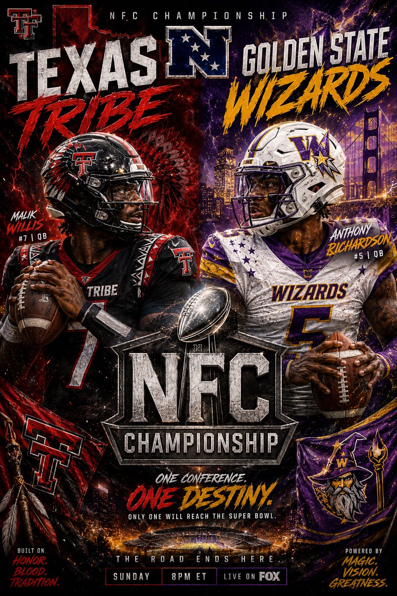 PRIMETIMEmcu's tweet photo. 🪶🧙‍♂️ NFC CHAMPIONSHIP 😈🔥

Texas Tribe toughness + second year merchant-ry 🦍

VS

Golden State Wizards speed + chaos ⚡️

Malik Willis vs AR0

Canyons vs Known City

This game has it all‼️

Winner goes to the Super Bowl.
Loser goes to Cancun 😭

Tribe V Wiz TN‼️
#MCFL #PrimeTime https://t.co/LjrbA3Svja