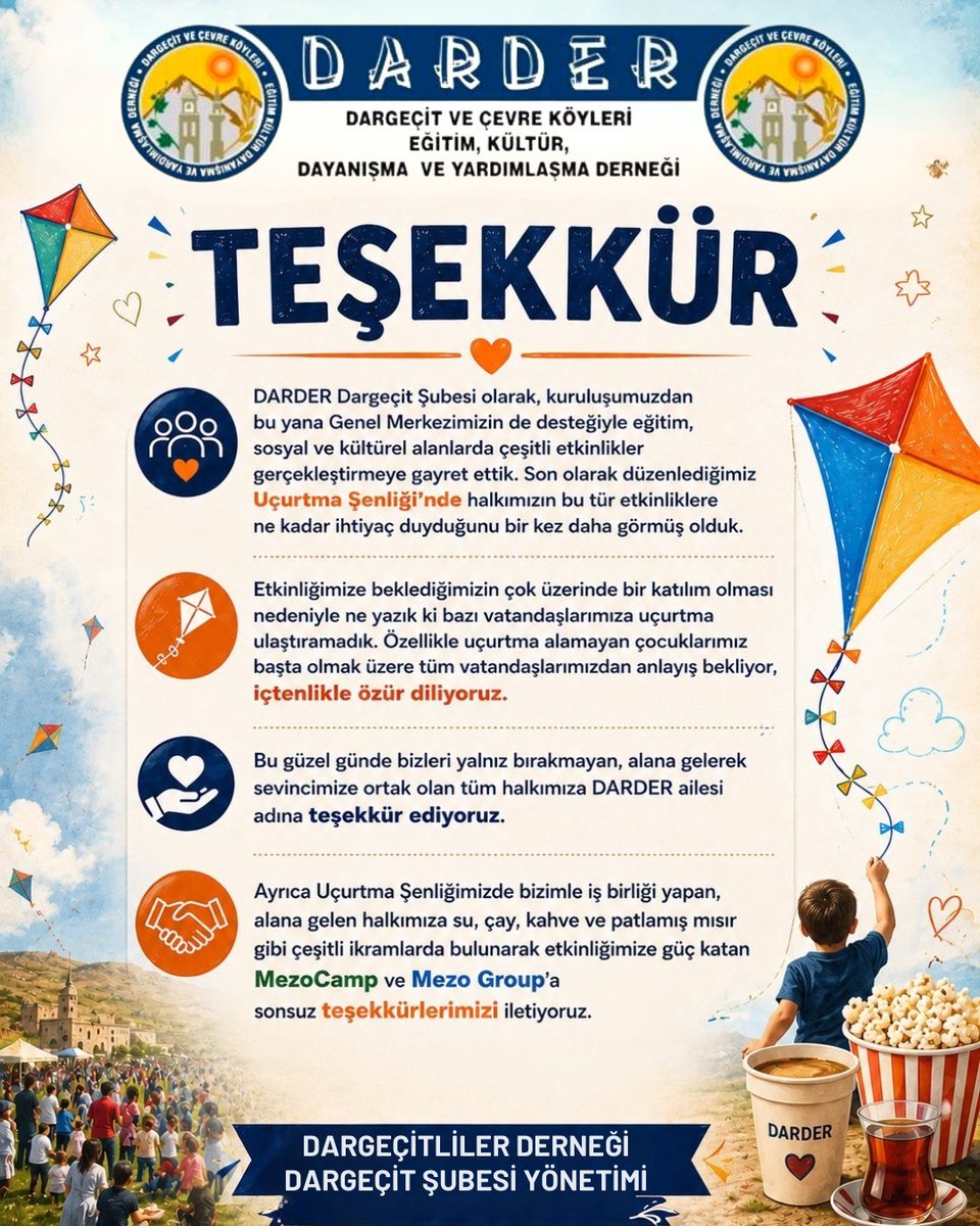 darder_47's tweet photo. DARDER Uçurtma Şenliği’nde bizleri yalnız bırakmayan halkımıza, destekleri için MezoCamp ve Mezo Group’a teşekkür ederiz.
#dargeçit #kerboran #Darder #uçartmaşenliği #çocuk https://t.co/2GbLKa453m