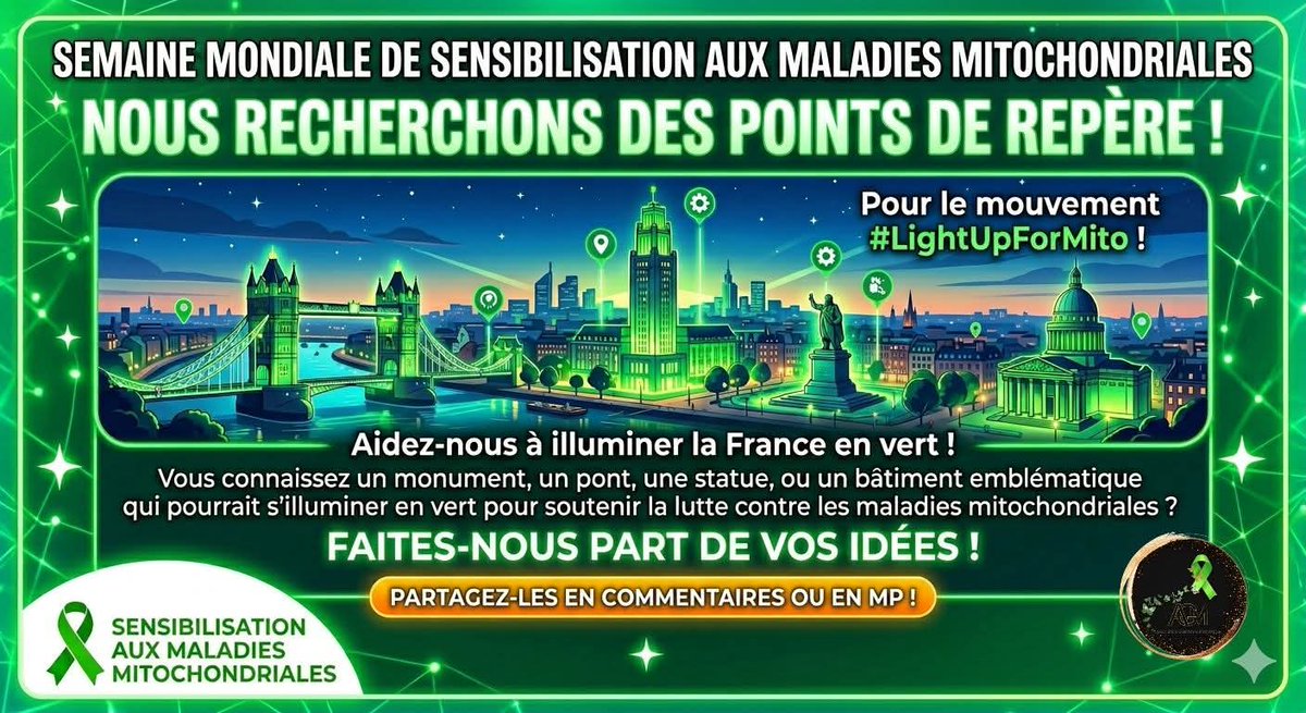 AgmAssociation's tweet photo. 🟢 ENSEMBLE, ILLUMINONS LA FRANCE EN VERT ! 🟢

​À l'occasion de la Semaine Mondiale de Sensibilisation aux Maladies Mitochondriales, nous lançons un grand appel à la mobilisation pour le mouvement international #LightUpForMito ! 💡✨ https://t.co/nnKljWLFlA