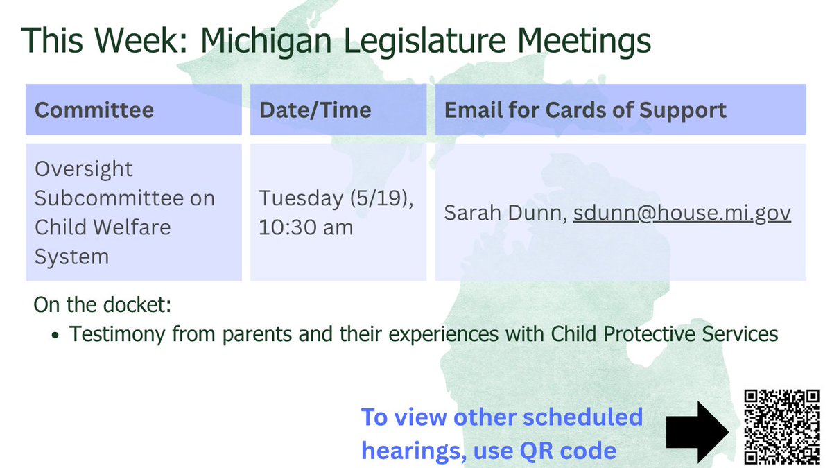 MichChildren's tweet photo. There are several relevant committee hearings this week for kids and families. One taking place tomorrow is being hosted by the House Oversight Subcommittee on Child Welfare System, wth the agenda focusing on the testimony from parents and their experiences with CPS. https://t.co/2NBmaOmcXA