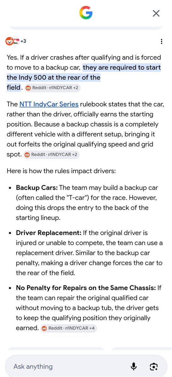 tiffanymc322's tweet photo. @stevieben93 @sgblade67 @IndyCar If they have to use a backup car, yes it does move to the back. https://t.co/MrDUdP8SYF