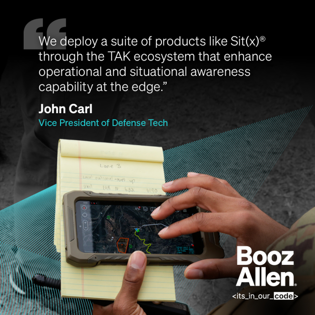 jnavaroli's tweet photo. #BoozAllen Sit(x)® delivers real-time situational awareness at the edge—supporting warfighters, law enforcement, and first responders through TAK. Hear Booz Allen VP John Carl share insights in this Breaking Defense eBrief. Read more: https://t.co/n1K9aIIO7N https://t.co/nsPtqTAmB3