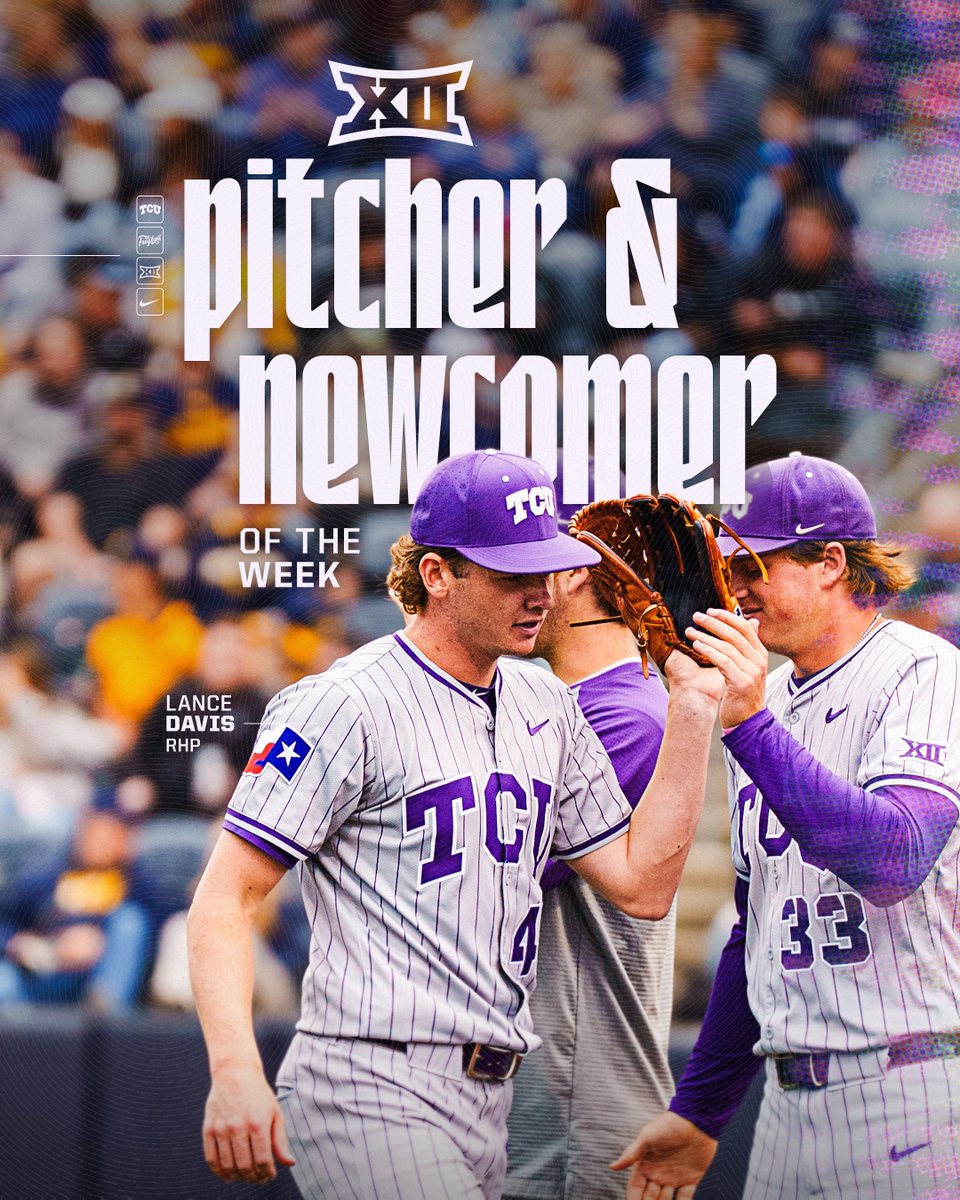 TCU_Baseball's tweet photo. no doubt about this one 👏

Lance Davis is the @Big12Conference Pitcher AND Newcomer of the Week! 

📰🔗: https://t.co/O05hfJLLDL

#GoFrogs | #FrogballUSA https://t.co/eAOxI7Zal8