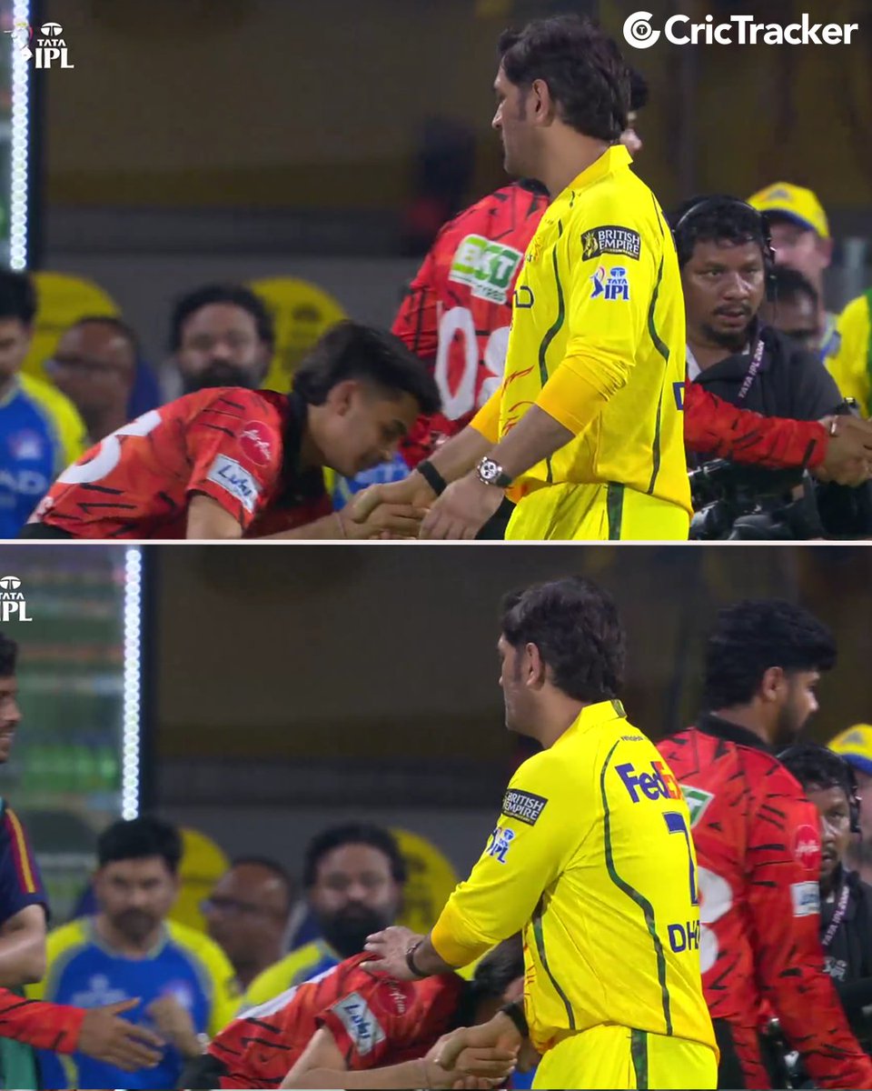 Cricketracker's tweet photo. Legends inspire generations ❤️

A beautiful moment as the SRH youngster seeks blessings from MS Dhoni after the game. 🙌

📸: Jiostar I #IPL2026 https://t.co/EpMv3C6L2p