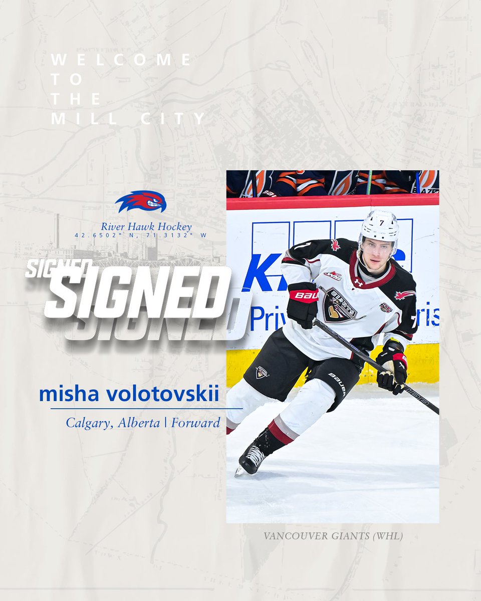 RiverHawkHockey's tweet photo. Volotovskii's venturing to Lowell ✍️

Misha Volotovskii joins the River Hawks from the Vancouver Giants (WHL) with 285 games of WHL experience, including a WHL Championship and a Memorial Cup appearance. Welcome to the Mill City!

#UnitedInBlue | #HockeyEast https://t.co/NmNG3hFZv4