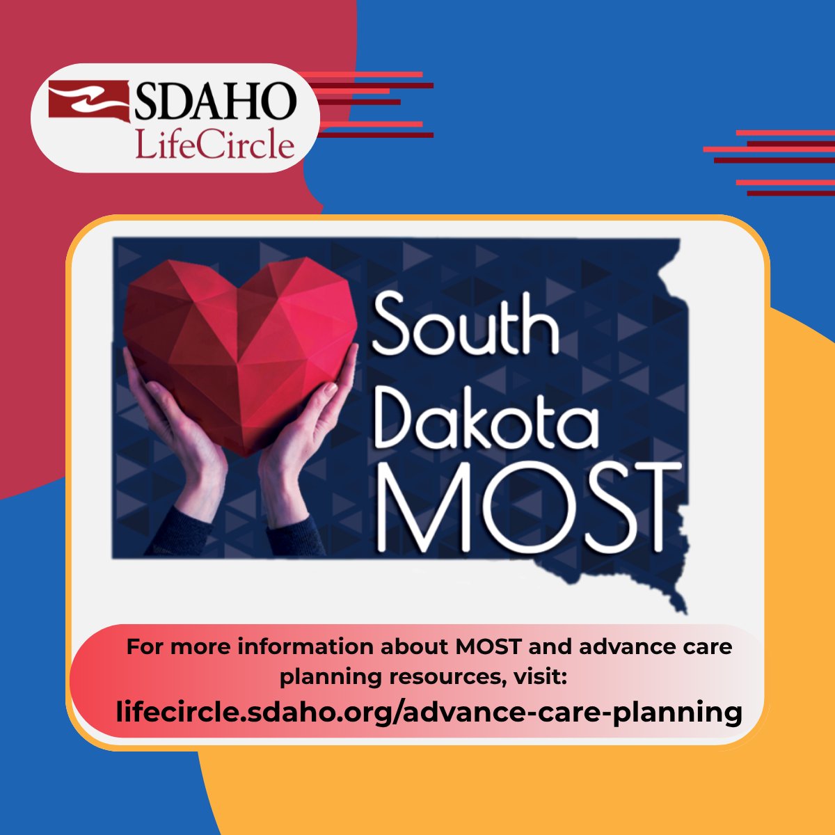 SDAHO's tweet photo. Planning ahead matters. SDAHO LifeCircle offers resources and education on South Dakota’s Medical Orders for Scope of Treatment (MOST), helping patients, families, and providers better understand advance care planning options.

Explore forms, FAQs, webinars, legislation, and more at the SDAHO LifeCircle website: https://t.co/rLK3g8RD82