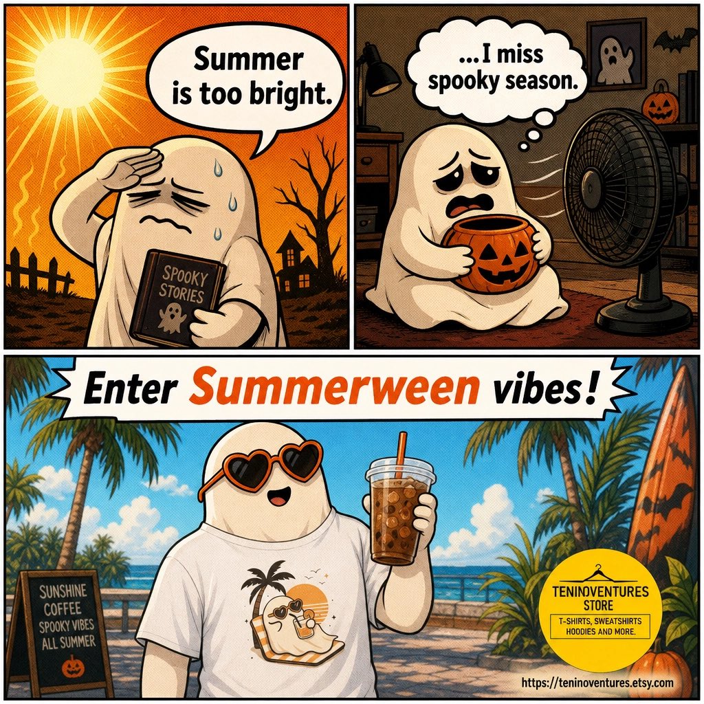TeninoVentures's tweet photo. your kid: "summer is too bright"
also your kid: "i miss spooky season"
also your kid, wearing the Summerween tee:
😎🌴👻☕️

he's healed.

shop → https://t.co/zG7VOa3lqJ 🔗 https://t.co/hOpSUEAOQ2