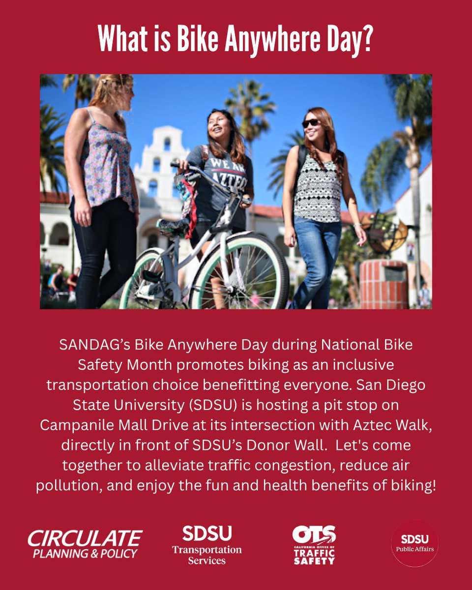 CirculateSD's tweet photo. Celebrate National Bicycle Safety Month by participating in Bike Anywhere Day! Swipe to see where SDSU and Circulate will be located at 🚴 https://t.co/PhpnnGzUEl