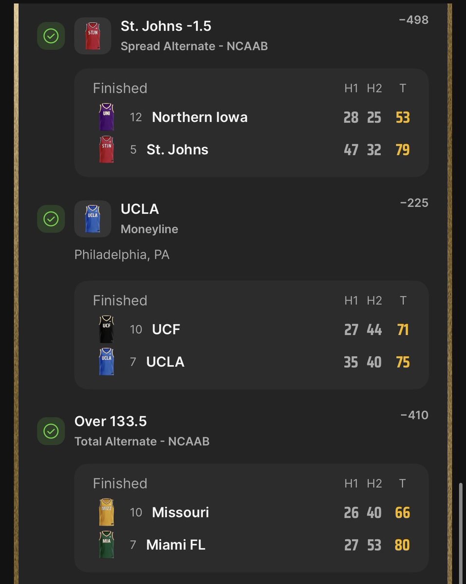 walshacuck's tweet photo. Had a great march this year, going 11-11 on bets, making a total of 2.1k! Here are some of my hits. Ready for next year… congratulations to Michigan for coming out victorious! @ChuckRosenthal3 @TomCorwin_ @AldermanMax @Julien__09 https://t.co/PArzws4VHm