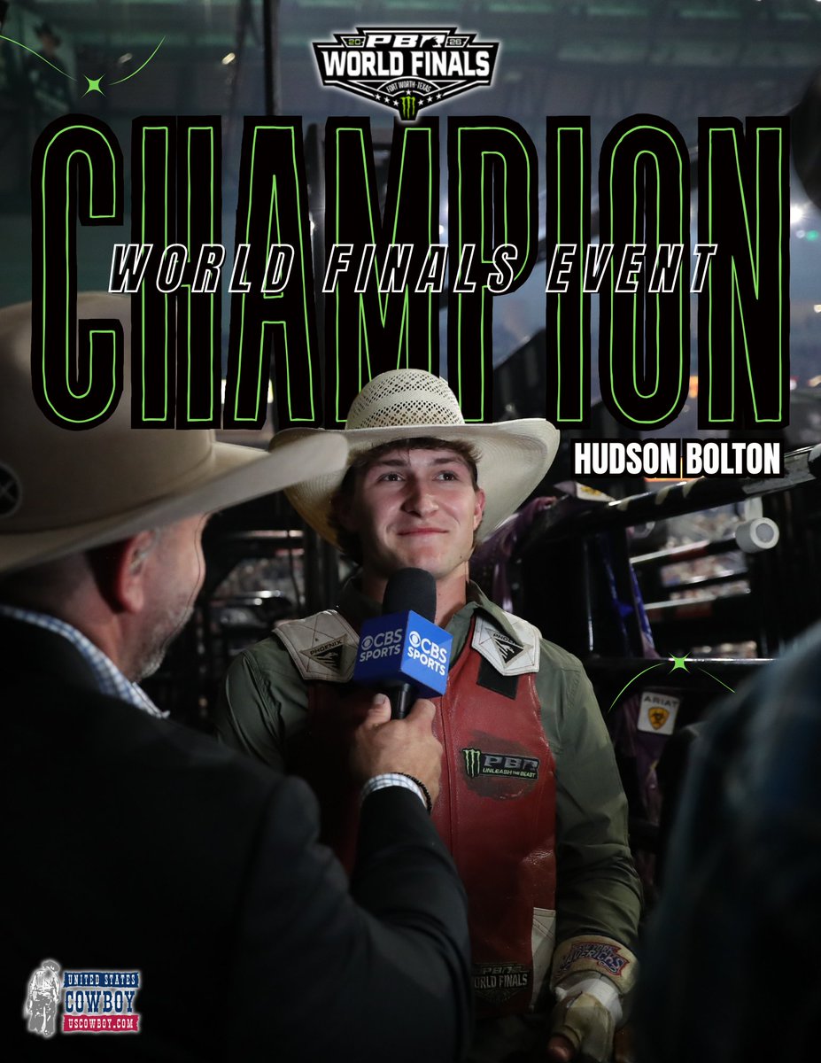 USCowboyInc's tweet photo. Hudson Bolton was No. 39 in the PBR Unleash the Beast Standings on March 21, by the time the World Finals began he was 19th. The 2025 Rookie of the Year entered Fort Worth hot, he left absolutely scorching. With 618.85 Aggregate Points, he was the PBR World Finals Event Champion

He rode his first bull for 89.65 and then just kept riding and riding and riding, eventually reaching a streak of seven in a row at the World Finals and 14 overall, the third-longest in PBR history.

With each qualified ride, Bolton’s confidence and swagger grew as he embraced the attention that came with dominating bull riding’s biggest stage.
By the end of Round 7, Bolton led the entire field except Luciano de Castro by three bulls. That set up a simple scenario for him entering Championship Sunday, a qualified ride or a De Castro buckoff sealed him the 500 Aggregate Points and $500,000 payday.

In about two minutes time on Sunday afternoon, things got a little too close for comfort for Bolton. He bucked off Ridin Salty at 4.41 seconds and right behind him, De Castro covered Stryker for 89.05 points to cut the his Aggregate lead down to 87 points.

De Castro bucked off of his Championship Round bull to officially clinch it for Bolton, who also bucked off as the last cowboy out of the entire event.

In the end, he had to settle for 7-of-9. For his World Finals career, he is a staggering 13-for-17.