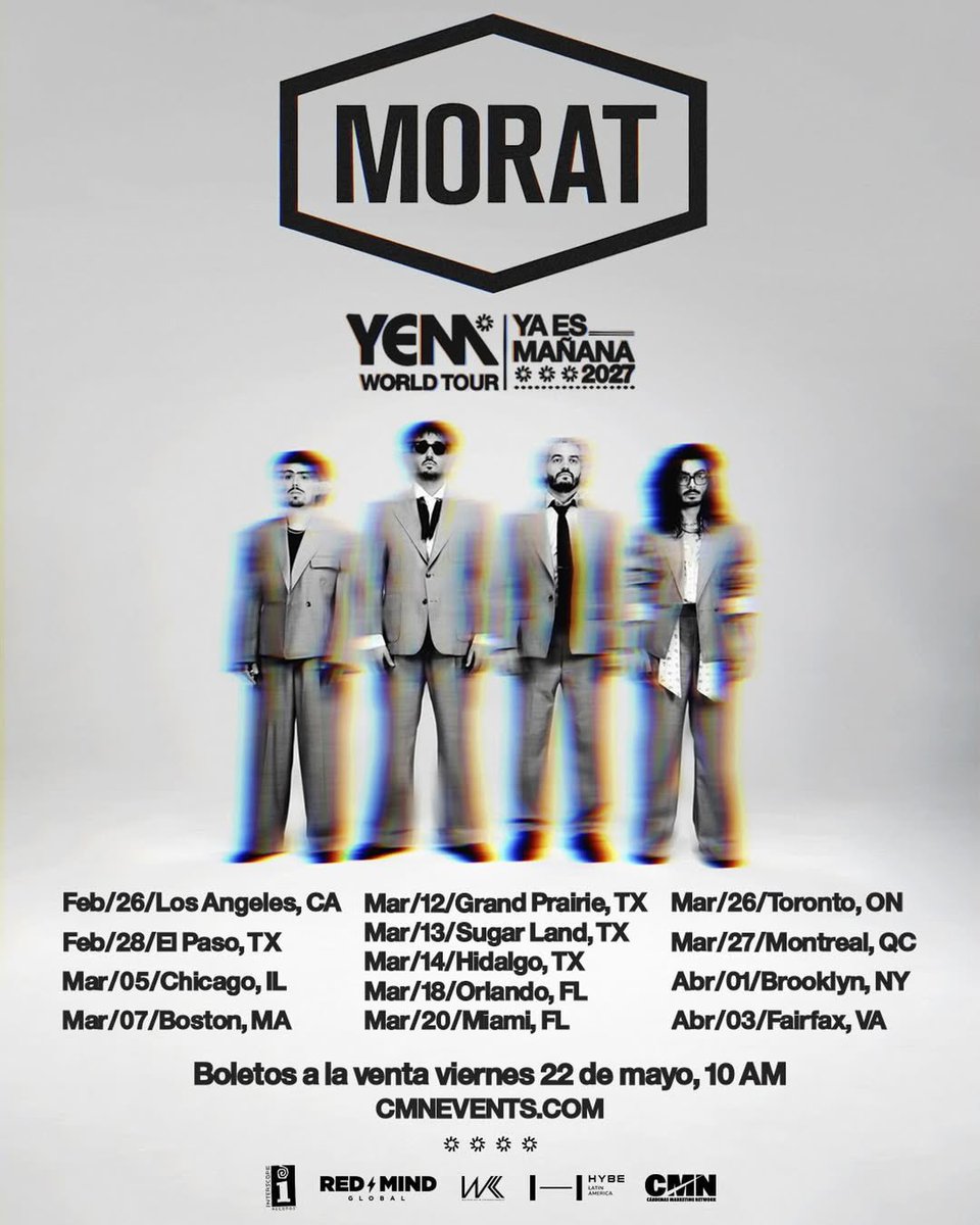 YEMWorldTour's tweet photo. Ya Es Mañana World Tour 2027… , Estados Unidos 🇺🇸✨

@MoratBanda regresa a USA y Canadá con su tour Ya Es Mañana World Tour 2027 ❤️💛

Preventa Fan USA y Canadá 
Miércoles 5/20 11:00 am EST

Obtén el código fan registrándote en La Tea : https://t.co/VidWbv3kGu https://t.co/xnOdzoaX2O