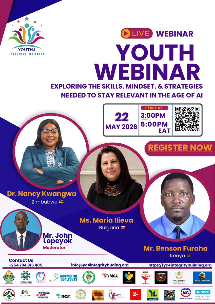 ForIntegrityOrg's tweet photo. 📍AI, Power & You: Who Wins in the Future of Work?

As AI transforms industries and societies around the world, an important question remains:
How do young people prepare for a future that is evolving so rapidly?

Join us for this timely and thought-provoking youth webinar. With an engaging lineup of speakers and practitioners, we will explore:
✔ The realities behind the AI conversation
✔ Skills and mindsets young people need to remain relevant
✔ Ethics, digital inclusion, and responsible AI use
✔ Opportunities, challenges, and the future of work
✔ How young people can position themselves strategically for the future

Featuring:
> Dr. @nancykwangwa 
> Ms. Maria Ilieva 
> Mr. @benson_fur55801 

🎤 Moderated by @JohnLopeyok4, Project Coordinator - YIB

🗓 May 22, 2026
⏰ 3:00 PM – 5:00 PM (EAT)
📍 Zoom

🔗 Register here:
https://t.co/VuHv5o6Jpe

The future is not something young people should simply wait for. It is something we must understand, question, and help shape.

International Leading Well Network; @KilifiCountyGov; @Youthsports003; @KilifiGender; @TuunganeK; @KenyaScouts -Kilifi; @CboCharity9365; @YmcaKilifi; @hope2shine; @Timiza_CC; @YoungLife; etc

#AI #FutureOfWork #YouthEmpowerment #DigitalLiteracy #Innovation
