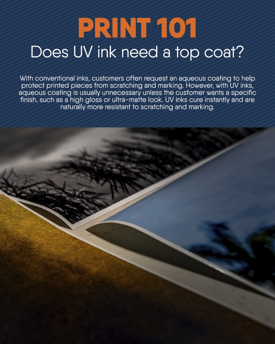 CedarGraphics's tweet photo. Does UV ink need a top coat?

Unlike regular inks, UV inks cure instantly &amp; are more resistant to scratching &amp; marking. An aqueous coating is only added for a specific finish, like high-gloss or ultra-matte.

#print101 #commercialprinting #printindustry #uvprinting #printingtips https://t.co/rVR0n9QGMe