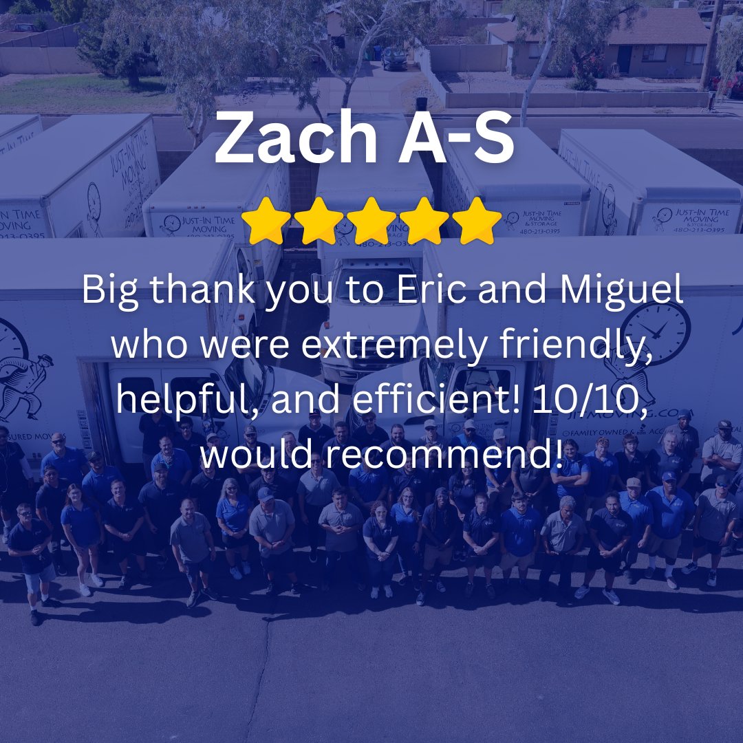 jitmoving's tweet photo. Reviews like this never get old.
Big thank you to Zach for the kind words, and shoutout to Eric and Miguel for showing up and getting it done right 👏

🌐 https://t.co/Ny7rFACBUA

#Jitmoving #justintimemovingandstorage #movetoarizona https://t.co/vPfsS9z0Bt
