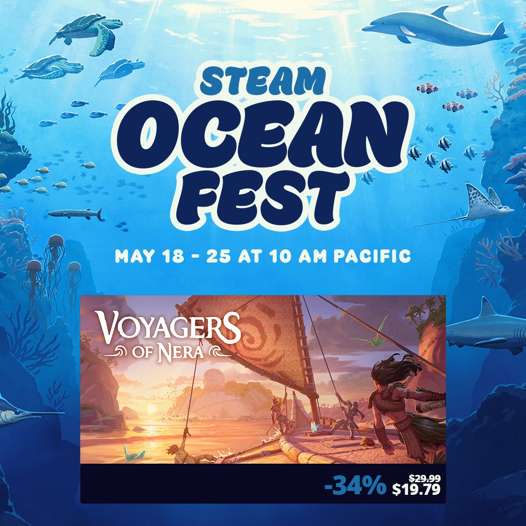 VoyagersofNera's tweet photo. Steam Ocean Fest is live 🌊

Sail, build, explore, and survive a magical ocean world with your crew in Voyagers of Nera.

On sale now until May 25.

Dive in on Steam: https://t.co/pEE3yBrXLu https://t.co/bb8p7JuwQ6