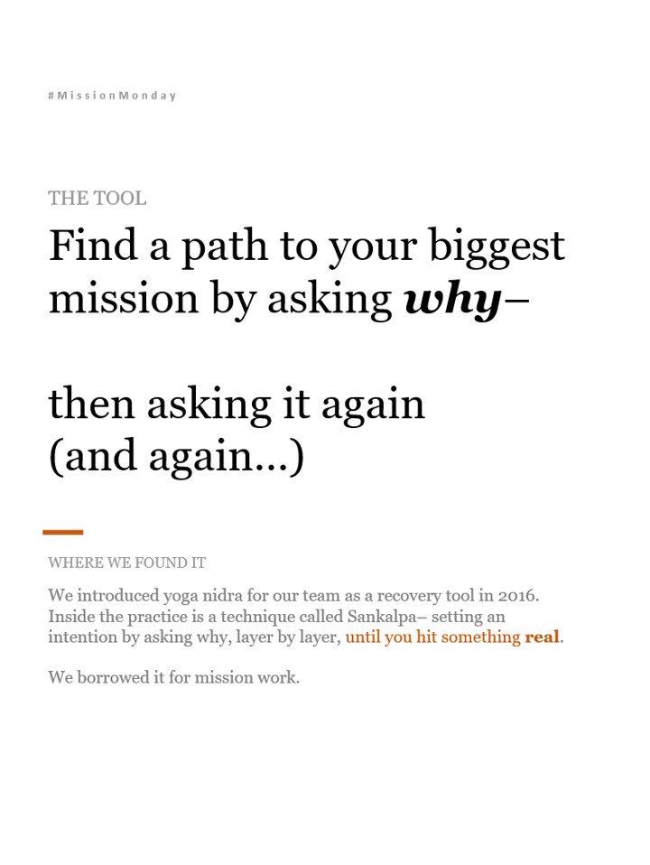 nextjump's tweet photo. MISSION MONDAY: Why, Because.

Most people set goals at the surface.

"I want to grow the business." "I want to get in shape." "I want to lead better."

Fine. But that's not your mission. That's your answer before you've really asked.

There's a practice from yoga nidra — where before you drop into deep rest, you set an intention. They call it a Sankalpa. A seed planted in the deepest part of your mind.

Here's how it works:

You state what you want.
Then you ask: Why?
Then you answer: Because...
Then you ask why again. And again.
Until you hit something that actually moves you.

Not the revenue number. Not the growth metric. The thing underneath. The thing that's been driving you the whole time.

Most of us are running hard toward a goal that's a proxy for something deeper — and we've never stopped long enough to ask what that deeper thing actually is.

This week's practice:

Before you sprint into your to-do list — spend 5 minutes with this.

→ State what you're working toward.
→ Ask why, because at least 3-5 layers down.
→ Write it. Don't just think it.

See what comes up. You might be surprised.

Follow @charlieykim for more posts that keep you tackling your hardest work.