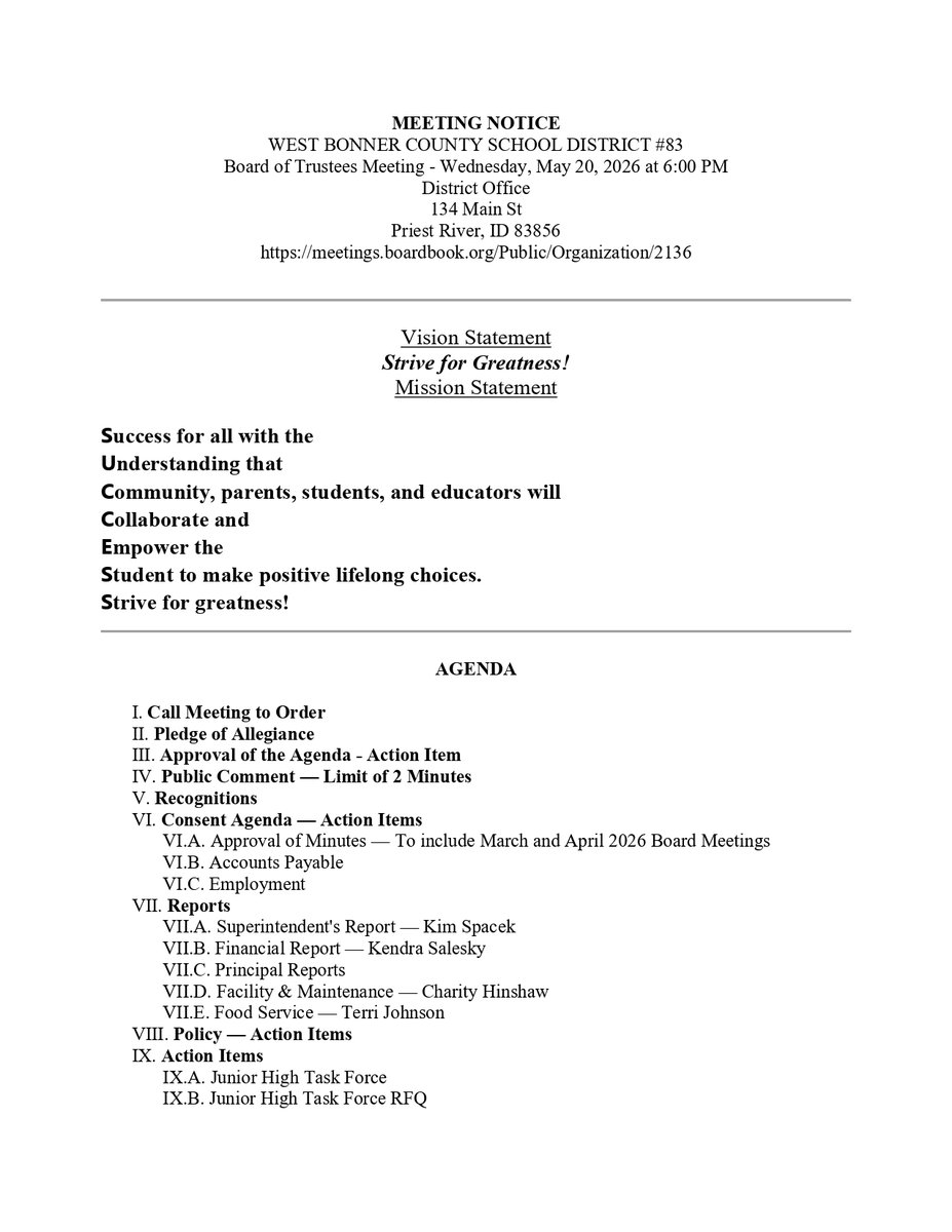 WBCSD83's tweet photo. MEETING NOTICE

WEST BONNER COUNTY SCHOOL DISTRICT #83
Board of Trustees Meeting - Wednesday, May 20, 2026 at 6:00 PM

District Office
134 Main St
Priest River, ID 83856

https://t.co/Ppxyhd81iS https://t.co/rSw1QrbYFN