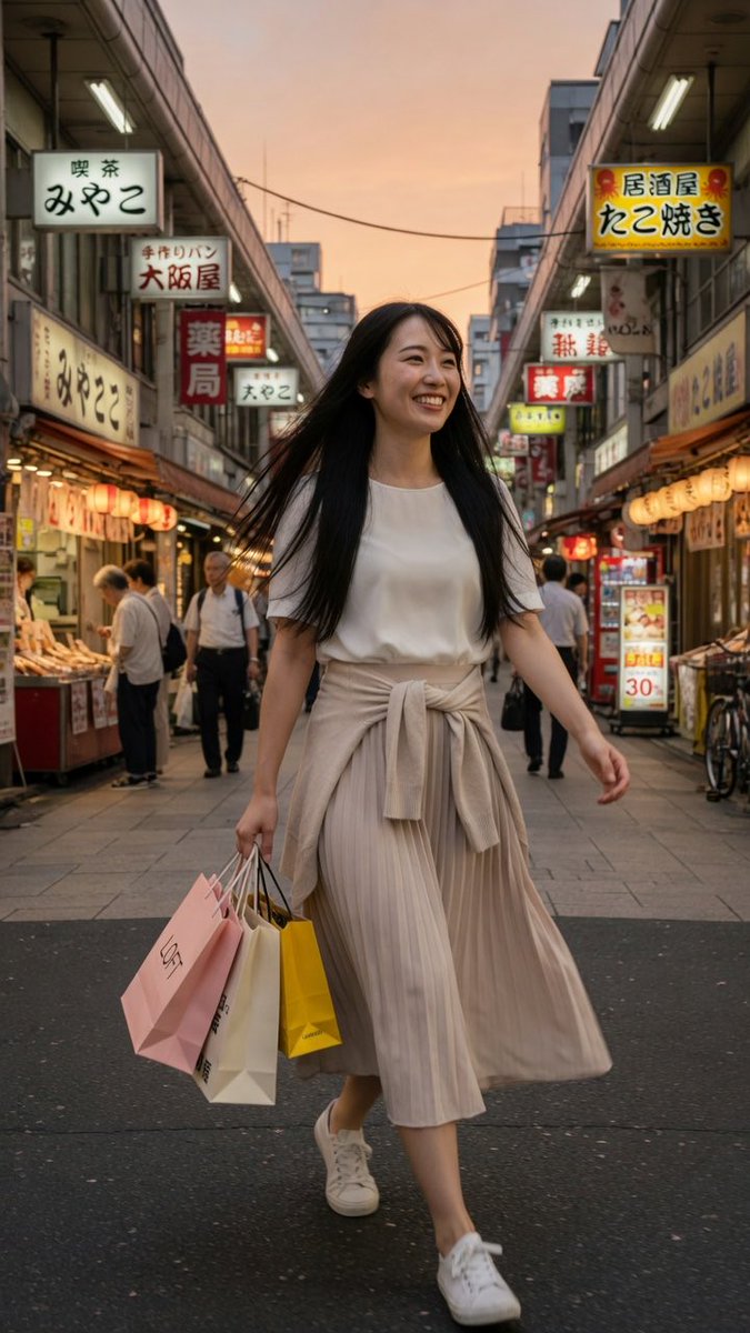 GrokOsakaLady26's tweet photo. 夕暮れの天神橋筋商店街。
買い物袋をいっぱいに持って、嬉しそうな笑顔で歩く彼女✨
大阪のレトロな商店街を歩くだけで、なんだか幸せな気持ちになるよね。
皆さんは最近、どんな買い物してますか？🛍️
#天神橋筋商店街 #大阪夕暮れ #買い物デート #GrokImagine #AI美女 https://t.co/yu4e4yCDfx