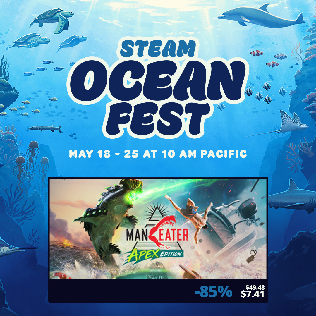 maneatergame's tweet photo. 🎶There's a place off Ocean (Fest) Avenue 🎶

Where you can take 85% OFF your purchase of Maneater &amp; Maneater: Apex Edition on Steam! 

🔗https://t.co/hRp91dlIWM https://t.co/qLD7jl933m