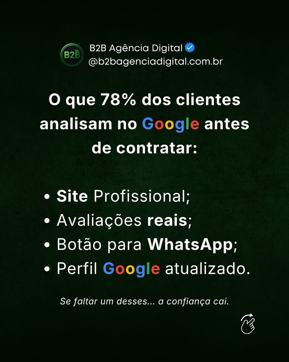 b2bagdigital's tweet photo. Seu cliente não toma decisão apenas pelo Instagram.
Hoje, a maioria das pessoas pesquisa no Google antes de contratar qualquer serviço profissional. 

#criacaodesites #empreendedorismo #vendas #googleads #googleempresa #seo #trafegoorganico #sites #microempreendedor #metaads #ia https://t.co/b3OP8xMqoP