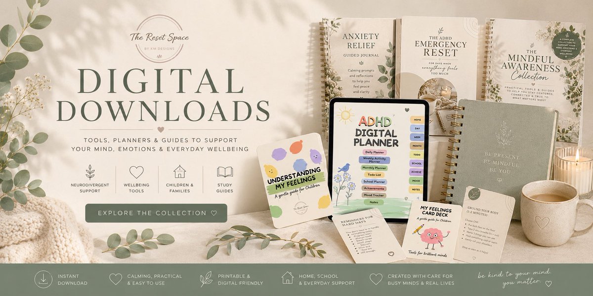 KMDesigns2019's tweet photo. The Reset Space is finally live 💚
A calm, supportive space for busy minds filled with wellbeing tools, planners &amp; clothing inspired by real-life overwhelm, neurodiversity &amp; mental wellbeing.
🌿 https://t.co/ISXiEvKiPy

#ADHD #MentalWellbeing #Neurodiversity #SmallBusinessUK #fyp https://t.co/nNeYo2MPxY