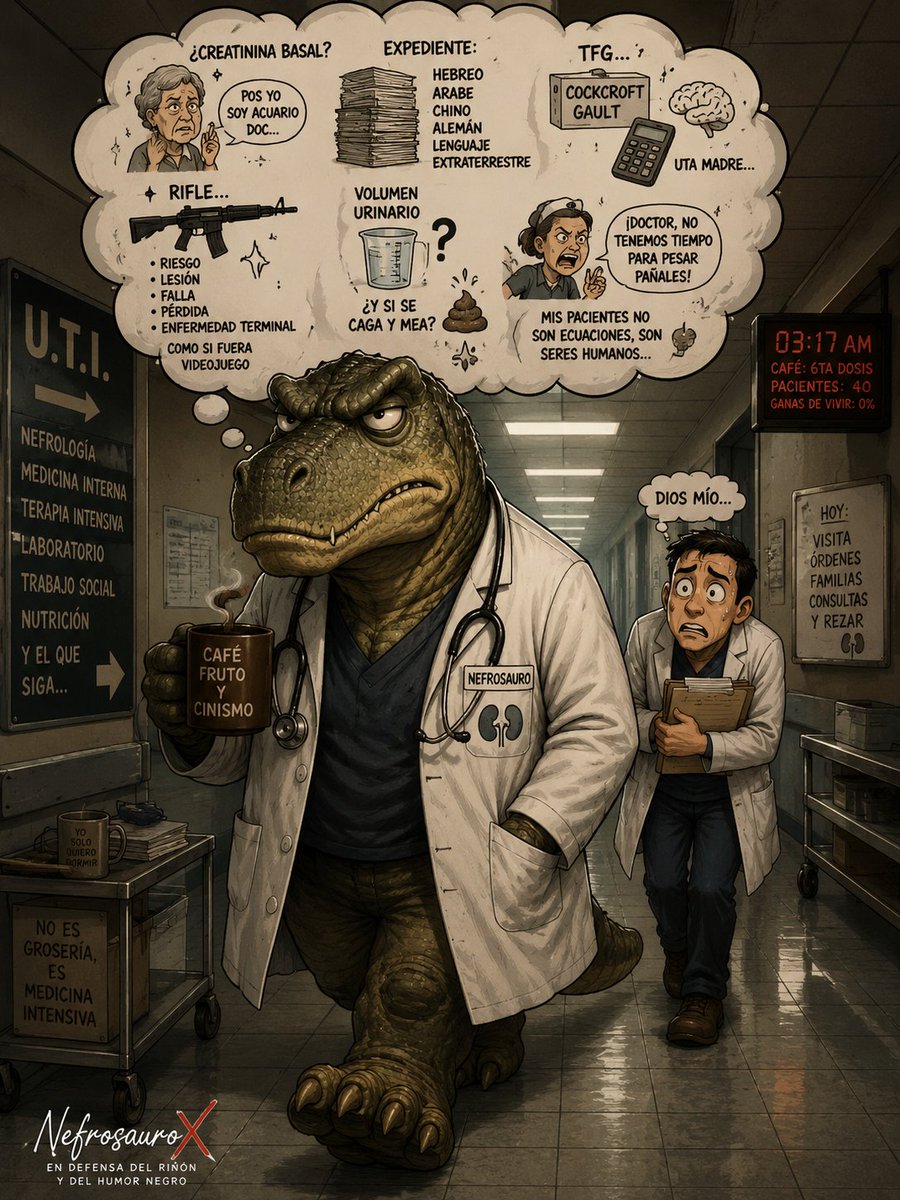 Nefrosaurus's tweet photo. Desde residente de medicina interna, una cosa nunca me terminó de cuadrar: ¿cómo chingados detectar “de manera oportuna” el fracaso renal agudo? Porque en los congresos de esas pecosa te ponían esta diapositiva mamalona con nombre de arma militar: RIFLE

Y uno dice: “Ah cabrón… esto se oye importante.”
Pero ya que la destripas, básicamente te están diciendo:
“Mira compadre… fíjate si sube la creatinina y si el paciente mea.” TANTO PEDO PARA ESO.
 Bueno.... pos le damos por su lado... veamos;  aplicando esta madre pos... 

Paso 1: “Busca la creatinina basal” Ajá. Muy bonito en teoría.
Entonces vas con la comadre: “¿Cuál es su creatinina basal?” Y la paciente contesta: “Mijo… yo nomás sé que soy Aries y que me duele la cintura.”
Y ahí empieza la expedición arqueológica: abrir expedientes, buscar laboratorios del 2008, descifrar notas hechas en arameo, leer letras que parecen electrocardiograma de FA rápida, encontrar un folder lleno de hojas color café con olor a consultorio viejo y humedad institucional. Y todavía la señora de archivo  te dice: " Ese expediente esta en el consultorio de oftalmología... dejaron vale" 
Claro que sí, hijo de la chingada.

Paso 2: “Calcule la TFG” Aquí el internista abre: Cockcroft-Gault, MDRD (esta ultima anda siendo novedad) ,calculadora, Excel, bluebeery Pearl (que no servia mas que pa presumir), la Biblia, y probablemente el horóscopo chino.
Mientras el paciente: está séptico, hipotenso, acidótico,
y con el potasio queriendo conocer a Dios y le internista pidiendo recolección de orina de 24 horas para pedir interconsulta  Pero eso  sí… vamos a sacar una fórmula derivada en población canadiense de hace 40 años. 

Paso 3: “Monitorice volumen urinario estricto”
JAJAJAJAJA. La frase favorita de las guías. Y el inicio del odio de enfermería hacia uno.
Porque en la vida real: el paciente mea en el baño, tira el recipiente, se caga en el pañal, la familia vacía la bolsa,
el viejito jura que sí orinó, y tú terminas analizando humedad textil como chamán hidroelectrolítico.... (estará húmedo el pañal pro sudor o orina?) 
El nefrosauro pregunta a la enfermera:  “¿Cuánto orinó?" “Pos quién sabe doctor… venía combinado.”
Y luego aparece el RIFLE…
R : Risk “El riñón empieza a hacer caras.”
I: Injury “Ya se está emputando.”
F : Failure “Aquí ya te aventó la silla.”
L : Loss “El compadre renal se fue del rancho.”
E : ESRD “Ahora ya vive en diálisis y nosotros fingimos normalidad administrativa.”
La neta clínica : El fracaso renal agudo casi nunca llega diciendo:  “Buenos días, he venido a elevar creatinina.”
No.

Llega sutil: menos orina, presión jodida, paciente raro, creatinina “poquito” arriba, sepsis, contraste, aminoglucósido, cirrosis, insuficiencia cardiaca, o simplemente ese sexto sentido del clínico curtido.

Porque el verdadero biomarcador temprano del AKI muchas veces es:

“Este paciente ya no me está gustando.”

Y eso, compadres…
ninguna clasificación lo ha podido meter en una diapositiva.