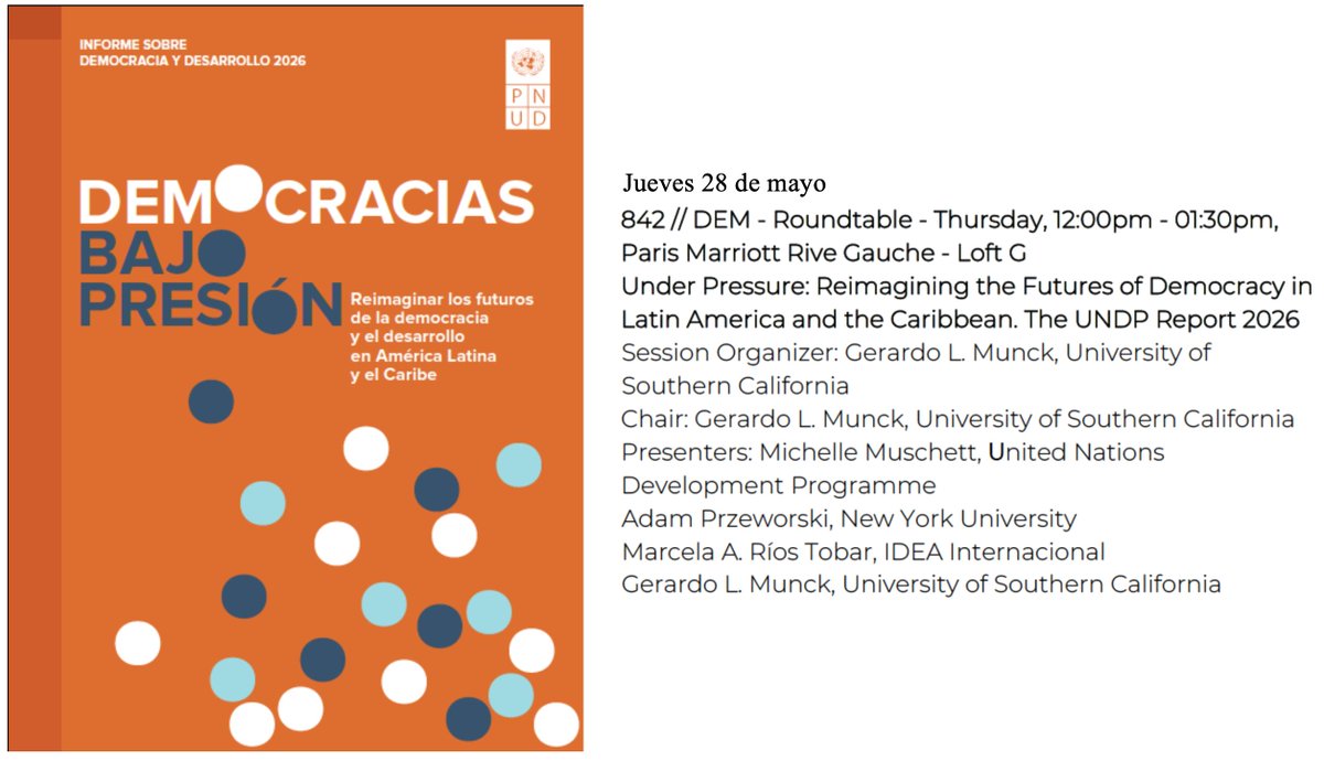 GerardoMunck's tweet photo. Informe PNUD en LASA

Para la próxima reunión de @LASAweb organicé un panel para discutir el nuevo informe del @PNUDLAC sobre democracia y desarrollo.

El panel incluye a @MichMuschett, Adam Przeworski y @mriost 

Pueden descargar el informe acá: https://t.co/DY95YeW7hO https://t.co/mpe1UCM7jO