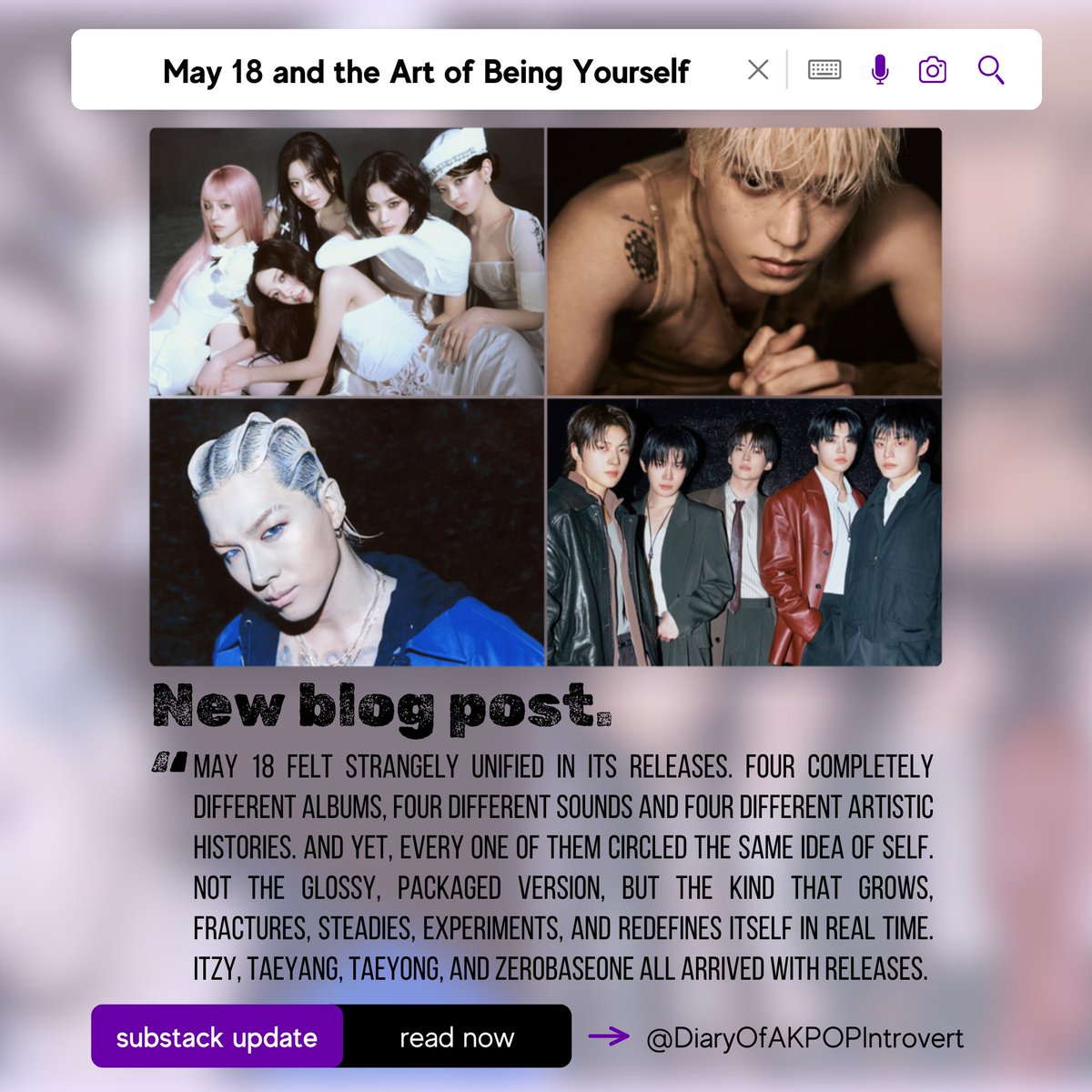 AKPOPIntrovert's tweet photo. May 18 turned into a full portrait of self. ITZY, Taeyang, Taeyong, ZEROBASEONE choosing themselves loudly, quietly, experimentally. I love when a release day feels like it’s talking back to you personally. https://t.co/yJ0Uz67qk6 #KPOP #NewMusic #MusicReview https://t.co/uCbNhshWwd
