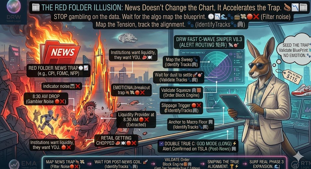 RasoolUFT's tweet photo. The Red Folder Illusion: News Doesn't Change the Chart, It Accelerates the Trap. 📰🪤📉

Retail traders treat high-impact news days (CPI, FOMC, NFP) like a trip to Vegas. At 8:29 AM, their adrenaline is peaking. They bracket their orders, hoping to catch the massive 1-minute breakout.

10 seconds after the release, the chart prints a massive "Darth Maul" candle. It violently spikes up, sweeps their buy stops, violently crashes down, sweeps their sell stops, and triggers massive slippage. They blow their accounts in 15 seconds, staring at the screen wondering how the data was "bullish" but the market tanked. 🎰💸❌

Here is the trick I keep up my sleeve: The institutions don't care about the actual number. They care about the liquidity. 🥩🍽️

The smart money algorithms have already mapped the structural destination days in advance. They use the panic and FOMO of the retail crowd during a "Red Folder" event as the forced liquidity injection required to execute their massive block orders. The news is just the fuel for the trap.

The DRW Post-News Playbook:

🛑 Step Away from the Casino: We do not trade the 8:30 AM drop. We let the algorithms run the dual-sided liquidity sweep.

🧹 Map the Sweep: We watch the initial volatility deliberately take out the weak highs and weak lows. We let the dust settle.
⚡ Snipe the True Alignment: Once the emotional retail volume is completely extracted, the true trend resumes. We wait for the V8.3 Sniper HUD to lock onto the post-news True C-Wave Ignition.
You can either be the liquidity provider at 8:30 AM, or you can be the sniper who steps in at 8:45 AM to surf the real structural expansion.

Stop gambling on the data. Wait for the algorithms to anchor the structure, then snipe the escape. 📡🌊🏄‍♂️🐾

#daytrading #futurestrading #optionstrading #marketstructure #stockmaket $NQ $QQQ $SPY