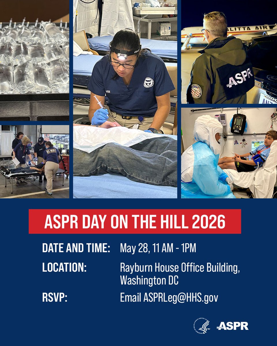 ASPRgov's tweet photo. Join ASPR for a dynamic, hands-on demonstration of programs and resources available to prepare for, respond to, and recovery from disasters. You’ll discover how ASPR works alongside partners nationwide to strengthen national health security. https://t.co/SAeA6nClmU

Interested? RSVP today by emailing ASPRLeg@hhs.gov.