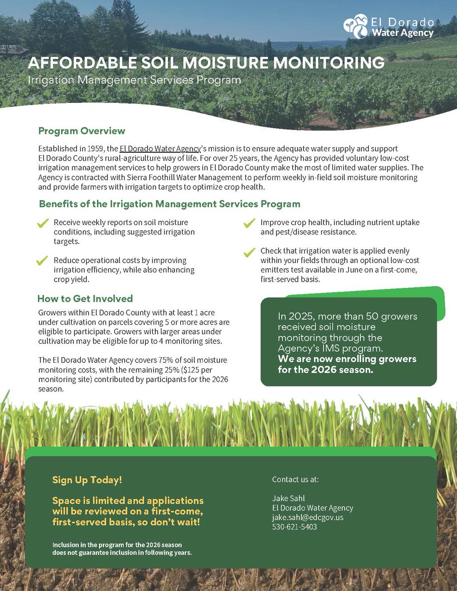 EDWaterAgency's tweet photo. Are you a grower in El Dorado County that is interested in receiving low-cost irrigation management services to help you make the most of limited water supplies? Learn more about our Irrigation Management Services Program: https://t.co/rt9Aj5ogC2 https://t.co/Ng9Dc7L90A