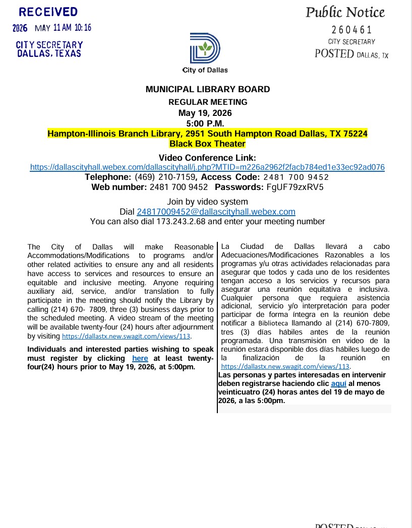 kunmuth's tweet photo. Join us for the Dallas Municipal Library Board (MLB) regular meeting on Tuesday, May 19 at 5 p.m. at the Hampton-Illinois Branch Library in Oak Cliff as we kick off an exciting new initiative—bringing board meetings into Dallas Public Library neighborhood branch libraries. https://t.co/gBVLtTocav