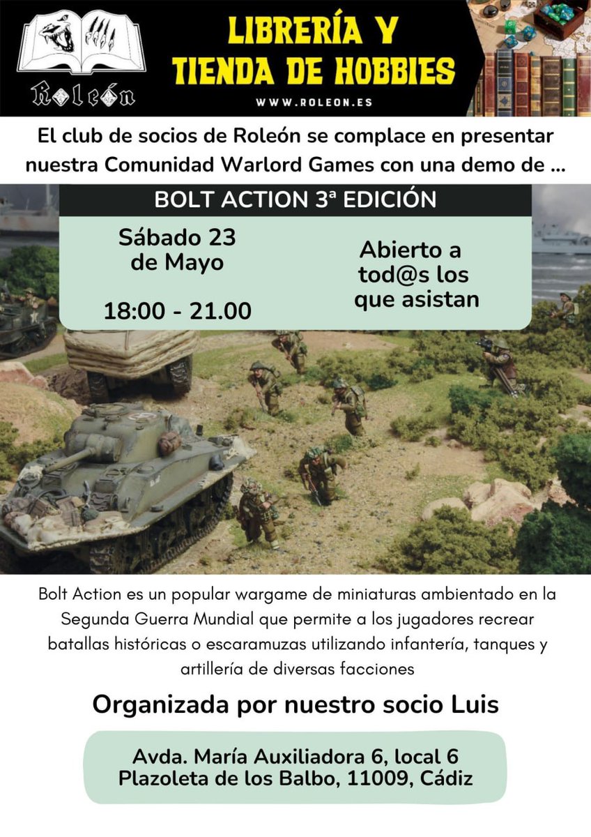 Roleon_ES's tweet photo. 🗓 Sábado 23 de Mayo de 18:00 a 21:00

Damos el pistoletazo de salida al proyecto de Comunidad Warlord (https://t.co/mgmGqFGFwh) con una demo del juego de miniaturas Bolt Action con una demostración del juego de miniaturas Bolt Action organizado por Luis. https://t.co/icCludCScB