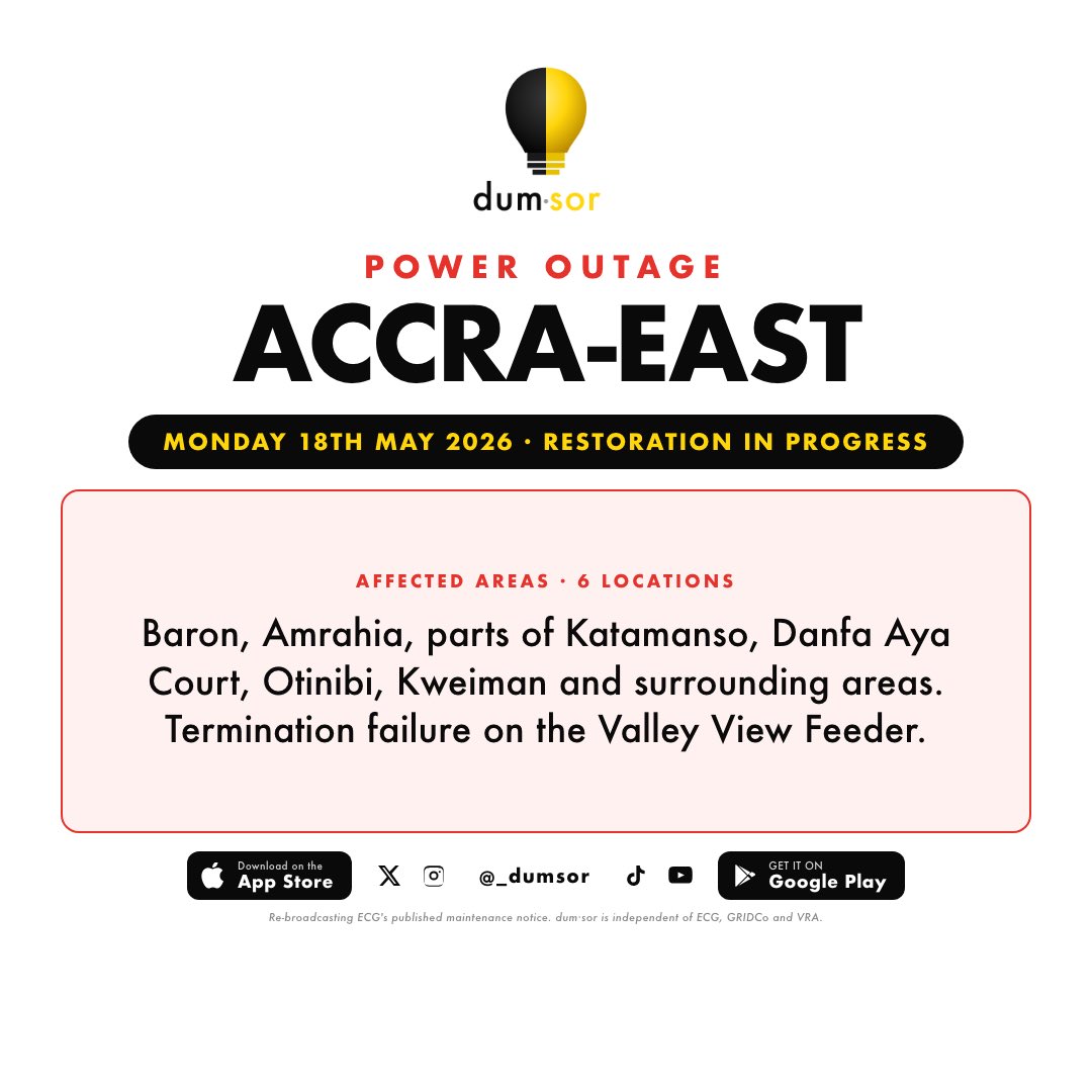 _dumsor's tweet photo. ⚡ Live now —

• Accra-East / Valley View Feeder · Baron, Amrahia, Katamanso, Otinibi (6 areas)
• Tema / fault · Tsopoli, Apollonia, Promised Land (14 areas)
• Western emergency 12-2 PM · Effia, Anaji, Airport Ridge (25 areas)
• Sun still off · Ashanti-South / Patase (4 areas https://t.co/m4BZhR5ngP