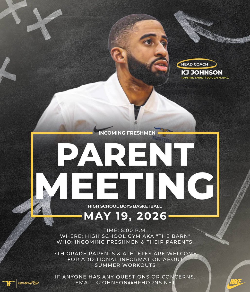 HFISD_Longhorns's tweet photo. 🚨REMINDER🚨

🏀 High School Boys Basketball Parent Meeting 🏀

📅 Date: Tuesday, May 19th
🕔 Time: 5:00 PM
📍 Location: High School Competition Gym aka "The Barn"

This meeting is for all incoming freshmen (current 8th graders) and their parents.
🧵 https://t.co/2e6NZooLhh