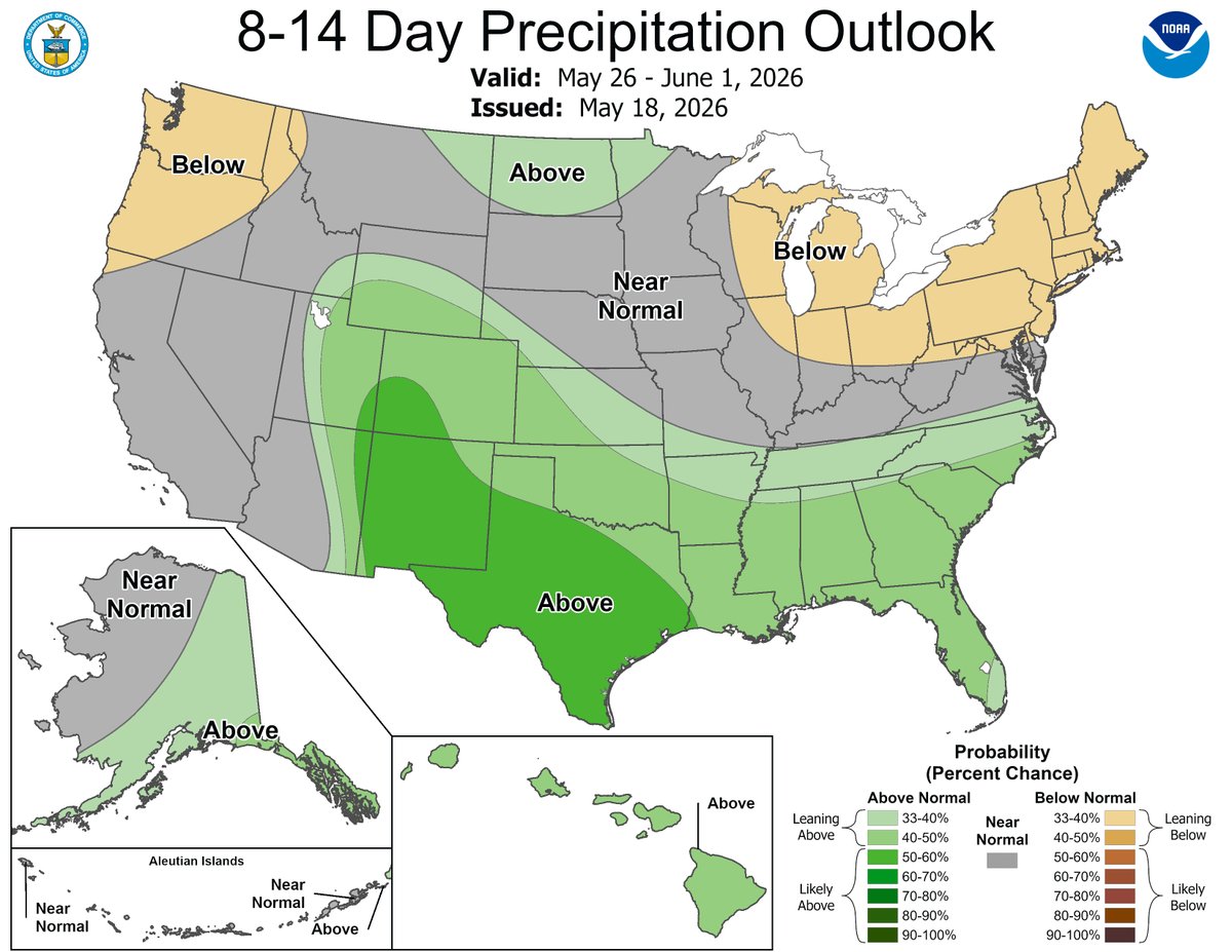 NWSEastern's tweet photo. After a cooldown over the Memorial Day Weekend, warmer than normal conditions are favored to close out May &amp; start off June. Drier than normal conditions are favored then across the Northeast &amp; Eastern Great Lakes. https://t.co/vpDo8Dsqi0