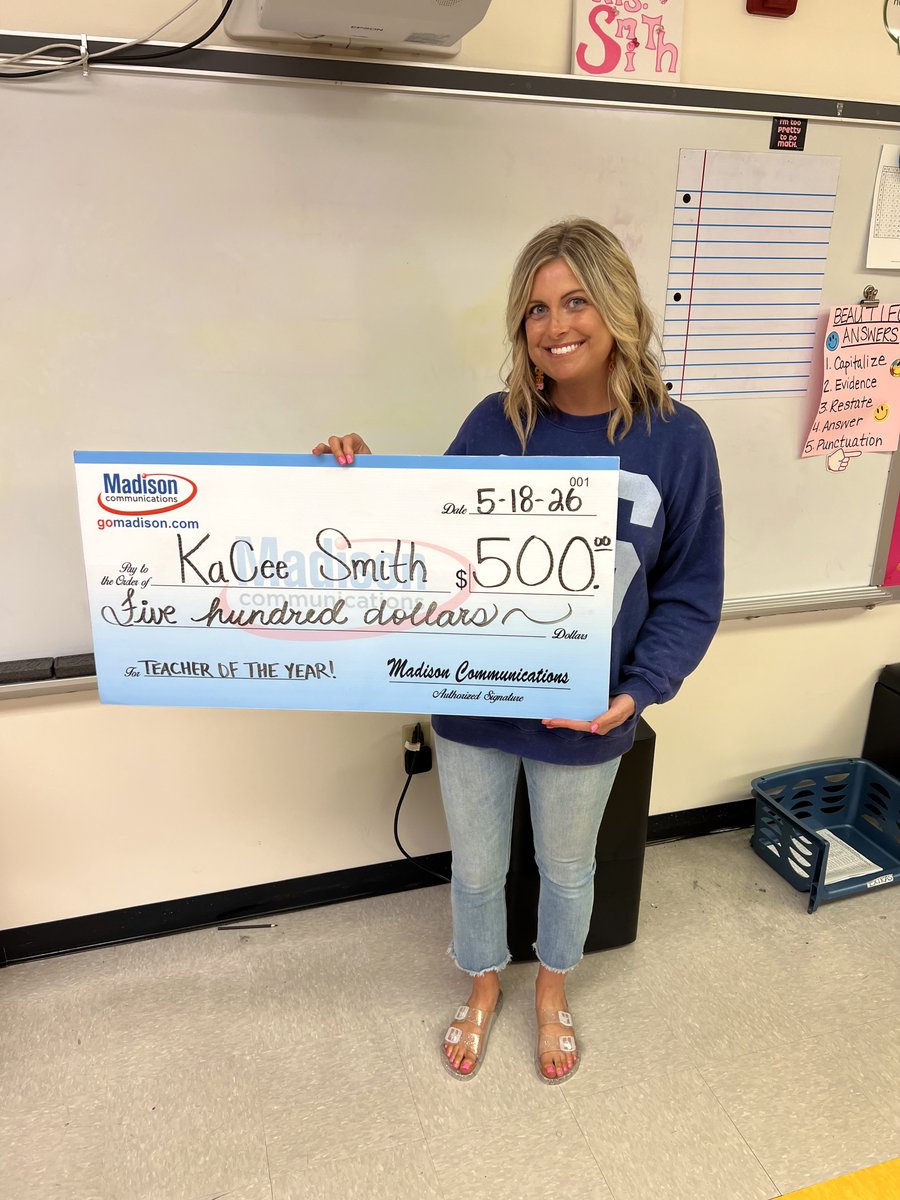 gomadison's tweet photo. We had a great time celebrating our last Teacher of the Year Award winner, Mrs. Smith, at Medora Intermediate School today! Mrs. Smith received a $500 check for her classroom, a custom engraved glass book trophy, and enjoyed a pizza party with her students! https://t.co/tqnHZhL8Mf