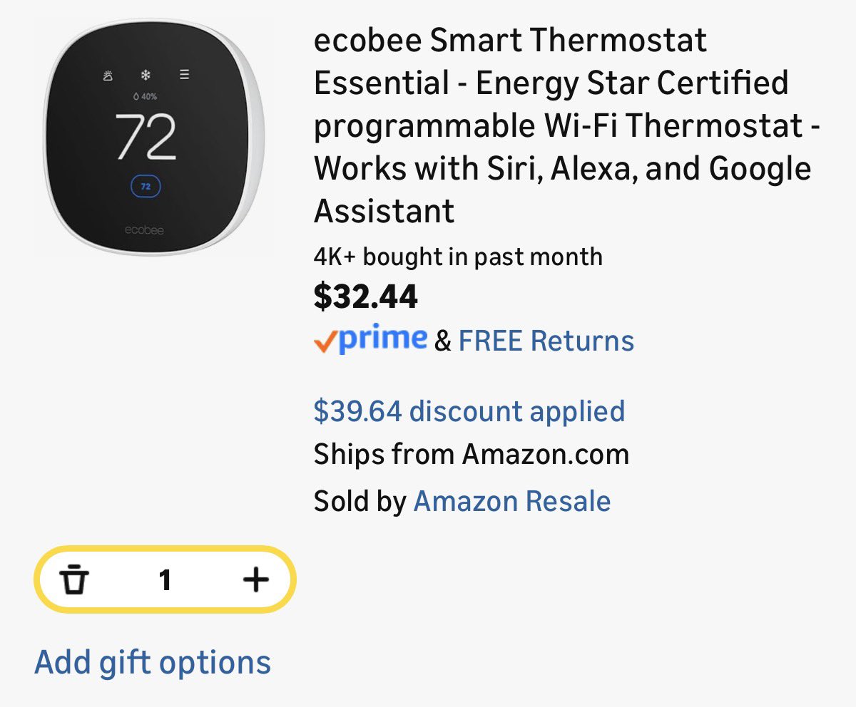 LordOfRestocks's tweet photo. 🏃 STACKING COUPONS!! Amazon Resale - Used Like New! ecobee Smart Thermostat Essential - Energy Star Certified programmable Wi-Fi Thermostat now $32.44 via Amazon

🏷️ Take An Extra 15% Off + An Extra 40% Off At Checkout

🔗 - https://t.co/xvFGU1dB3Y https://t.co/HIRzFL6P6U